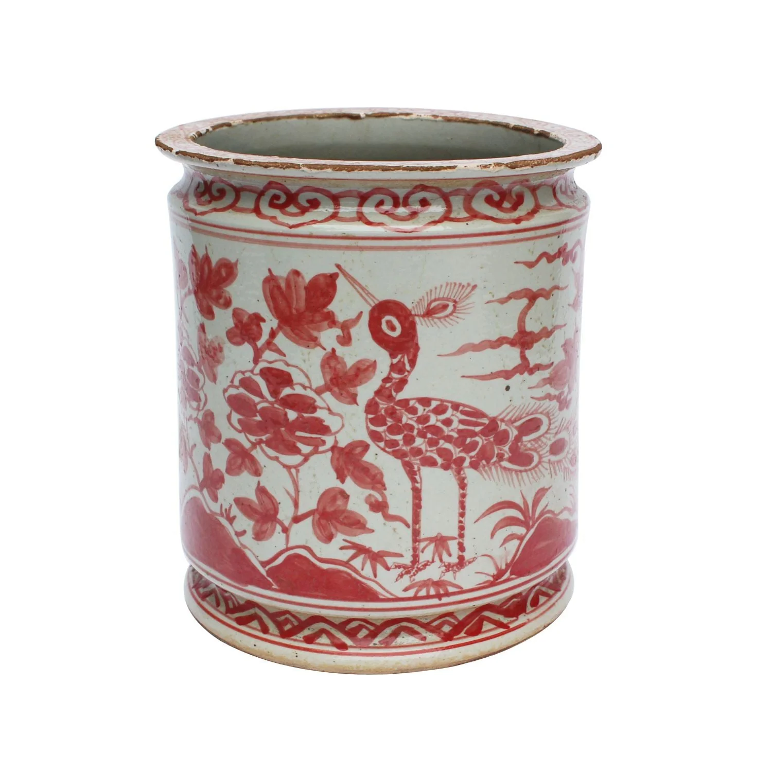 Legend of Asia Coral Red Orchid Pot Bird Motif
