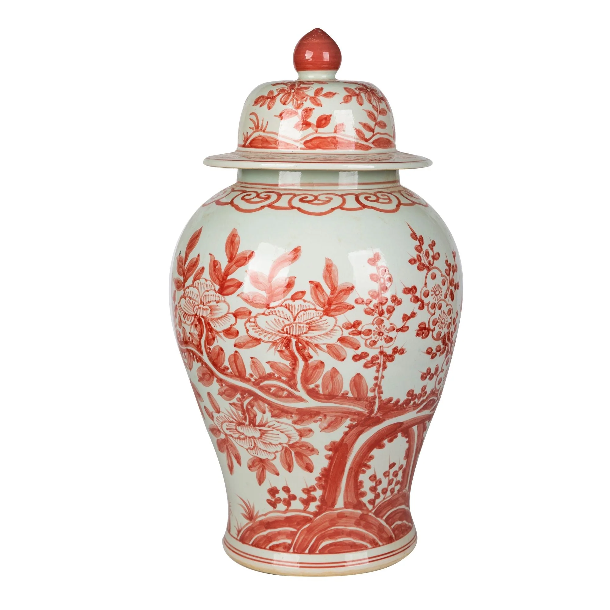 Legend of Asia Coral Red Peony Plum Temple Jar Large