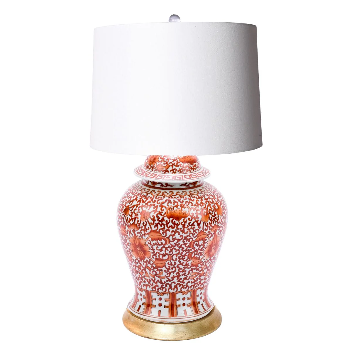Legend of Asia Coral Red Twisted Lotus Jar Lamp Gold Leaf Base
