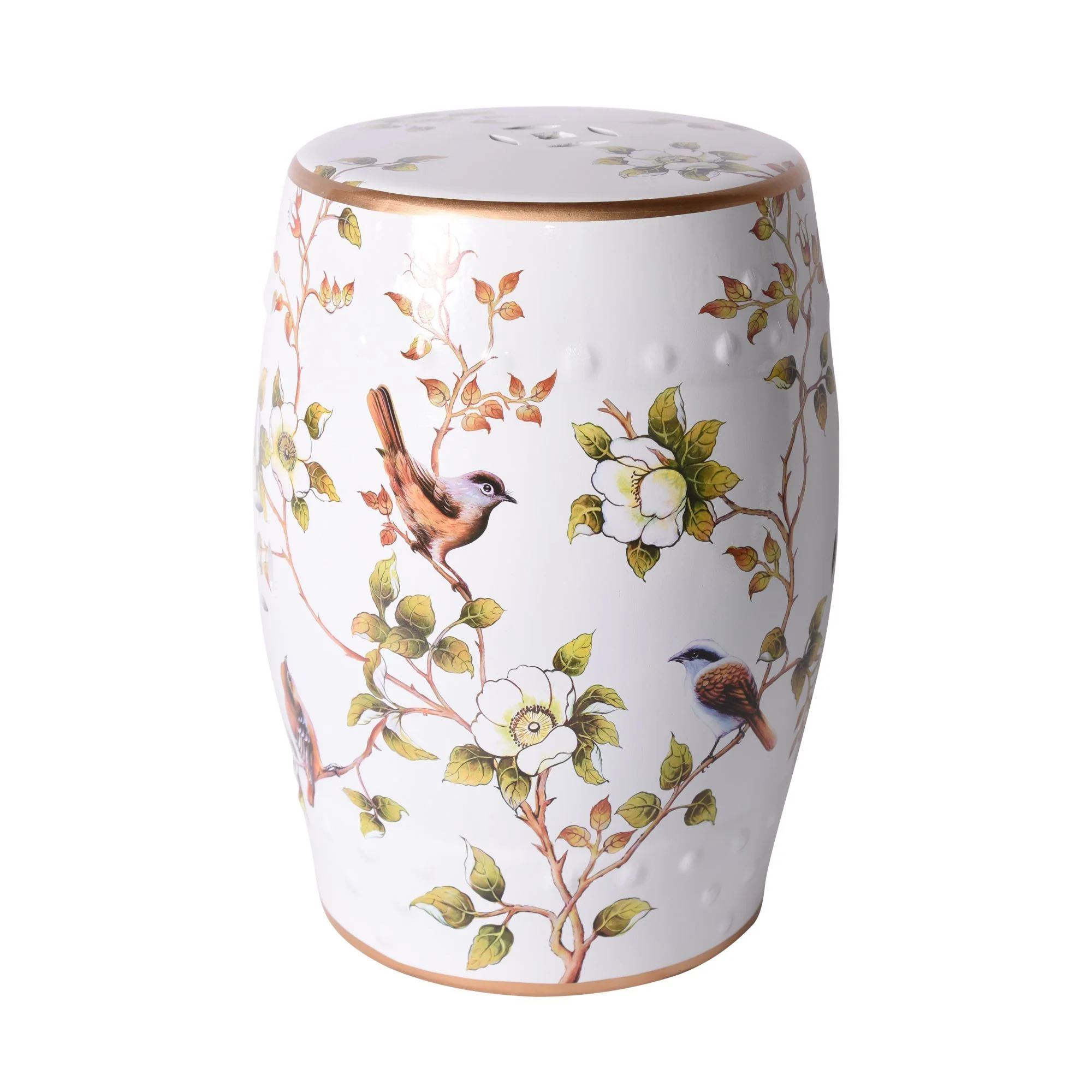 Legend of Asia Cream White Garden Stool With Flower and Birds