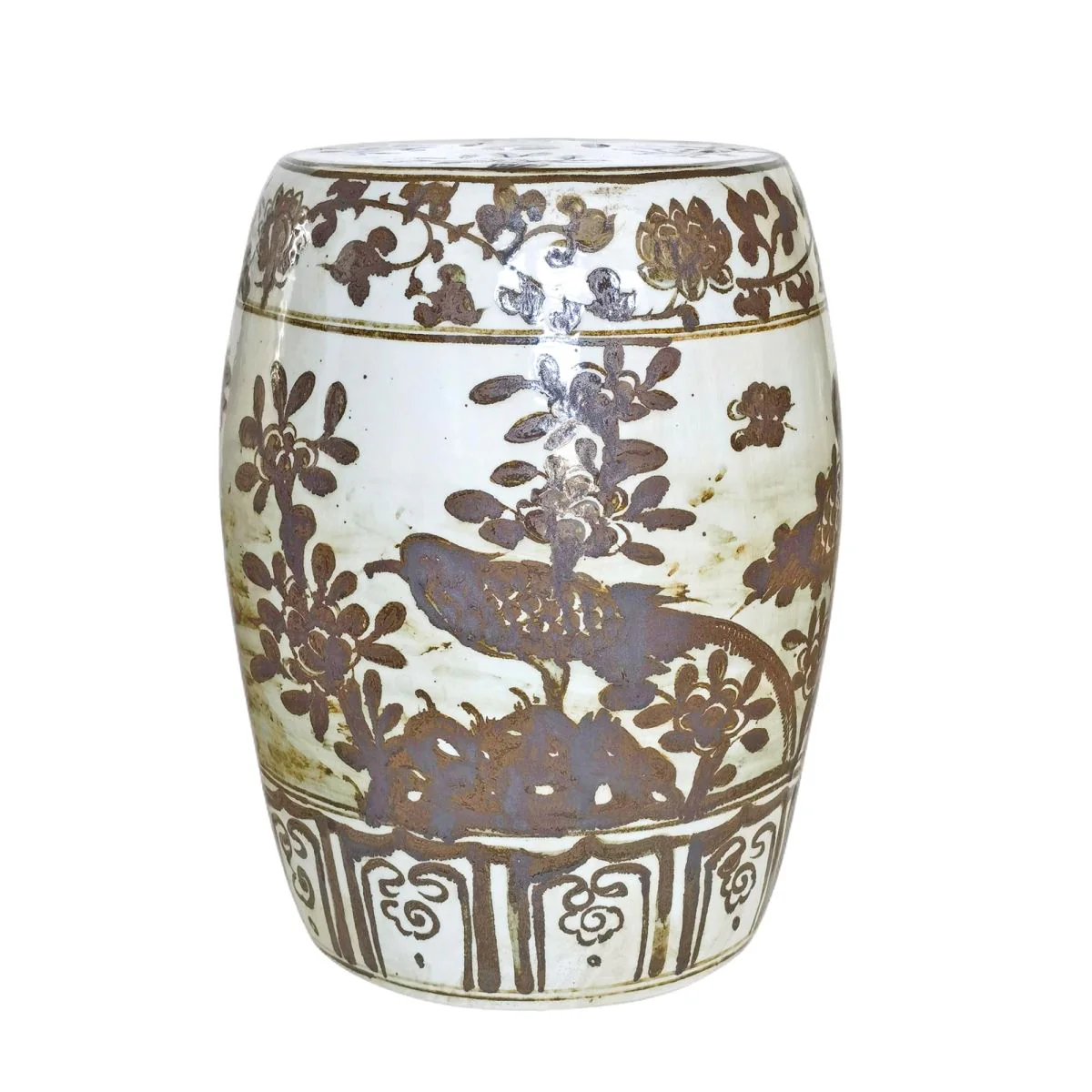 Legend of Asia Dali Rustic Brown Flower Bird Porcelain Garden Stool