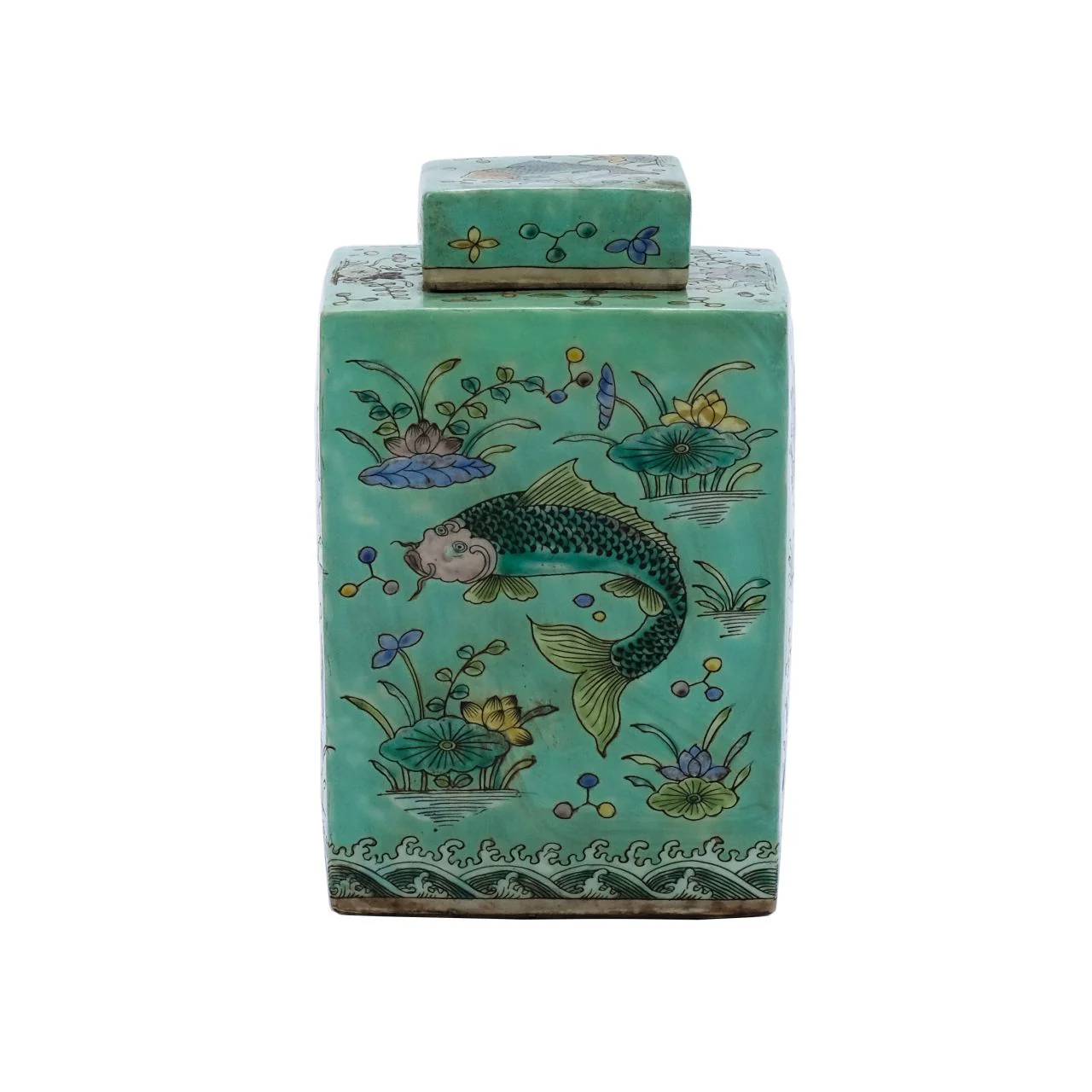 Legend of Asia Green Square Tea Jar Fish Motif