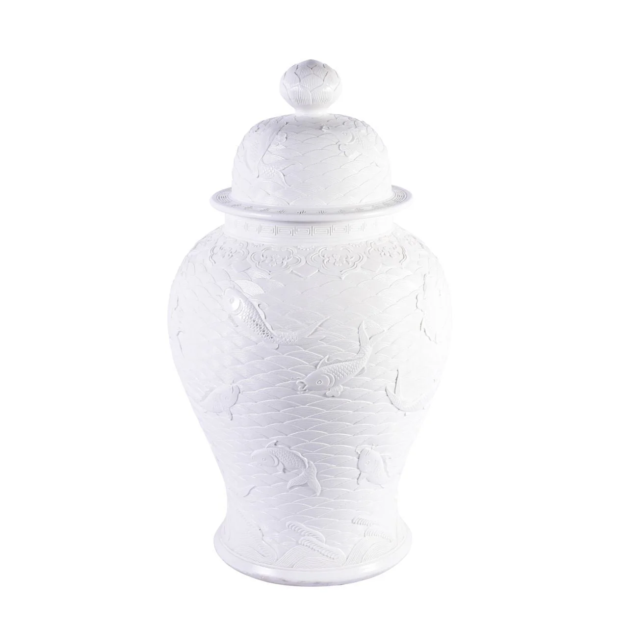 Legend of Asia High-White Carved Fish Temple Jar