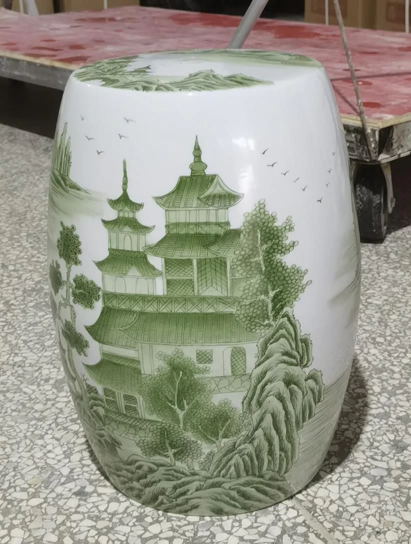 Legend of Asia Jade Green Porcelain Garden Stool Scenic Pavillion Mortif
