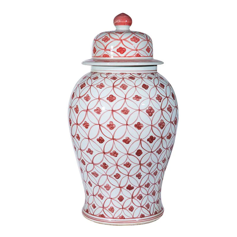 Legend of Asia Large Coral Red Coin Flower Temple Jar