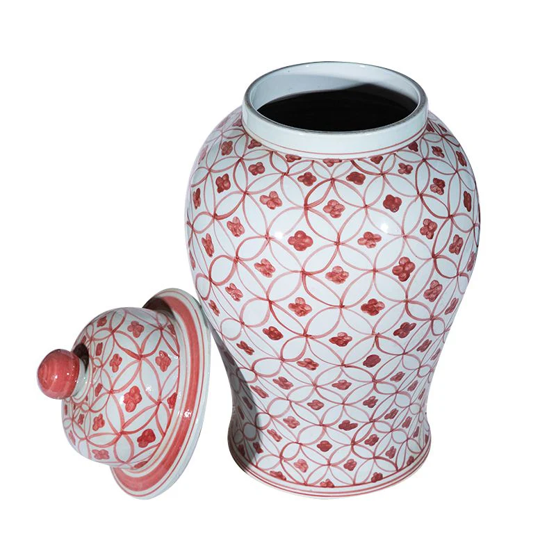 Legend of Asia Large Coral Red Coin Flower Temple Jar - Image 2