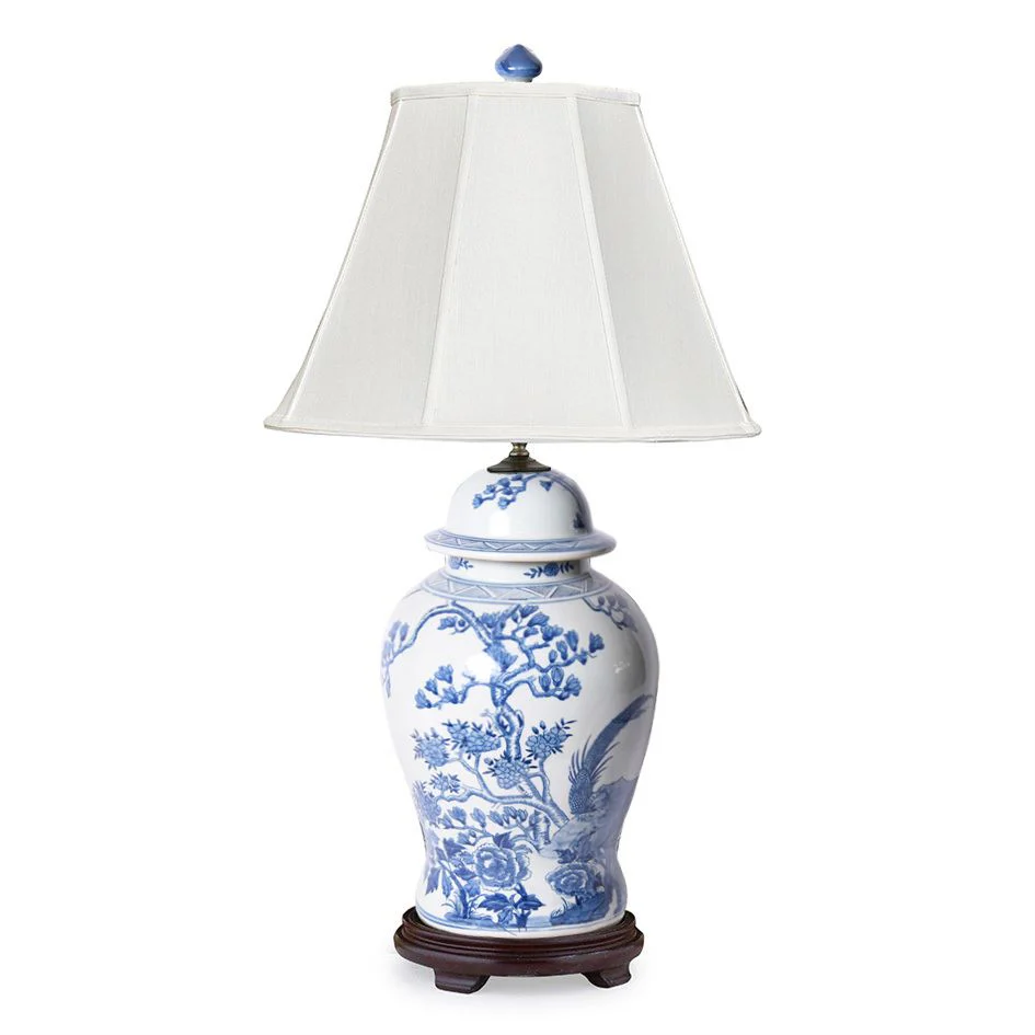 Legend of Asia Magnolia Pheasant Jar Lamp Wood Base