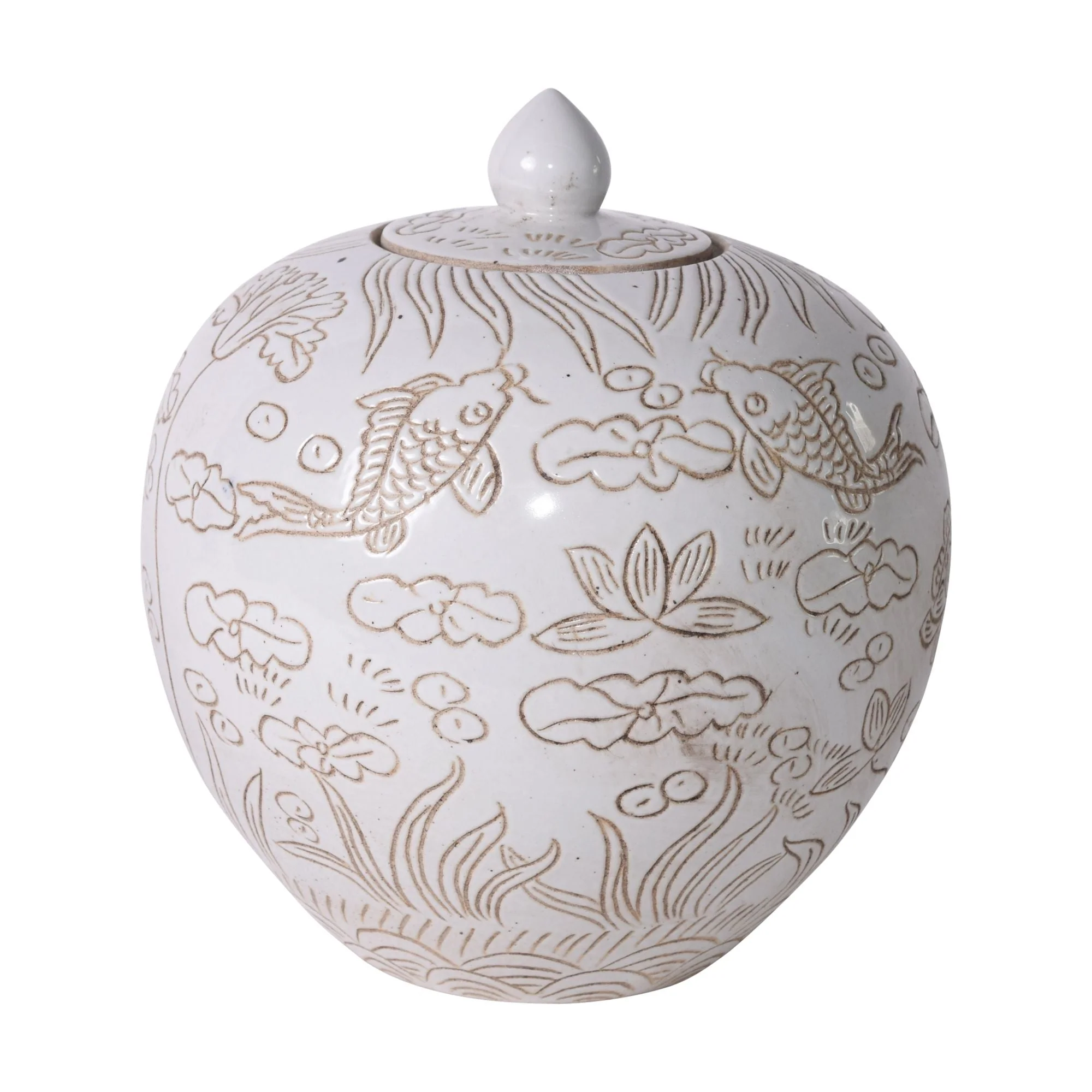 Legend of Asia Matte White Carved Fish Melon Jar