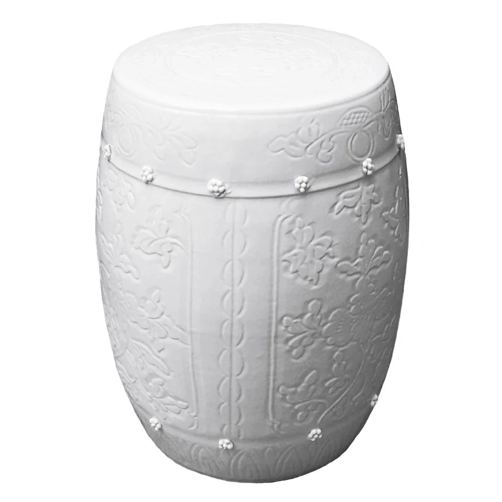 Legend of Asia Medallion Stool Carved Lotus Motif - White