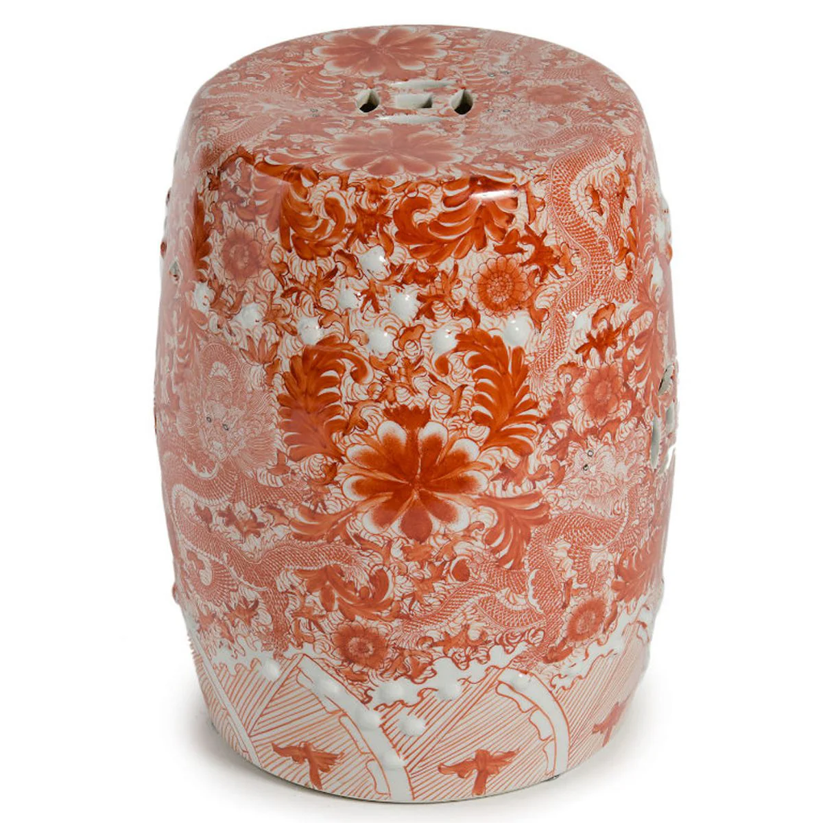 Legend of Asia Orange Porcelain Garden Stool W/ Dragon Motif