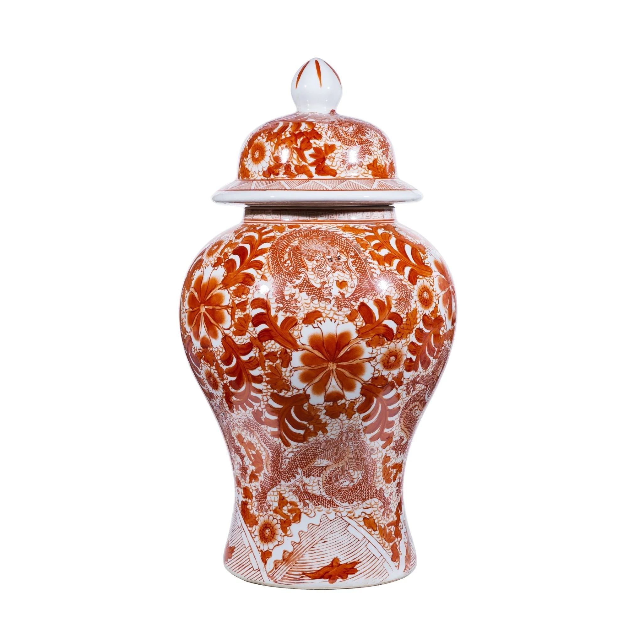 Legend of Asia Orange Temple Jar W/ Dragon & Floral Motif - Large