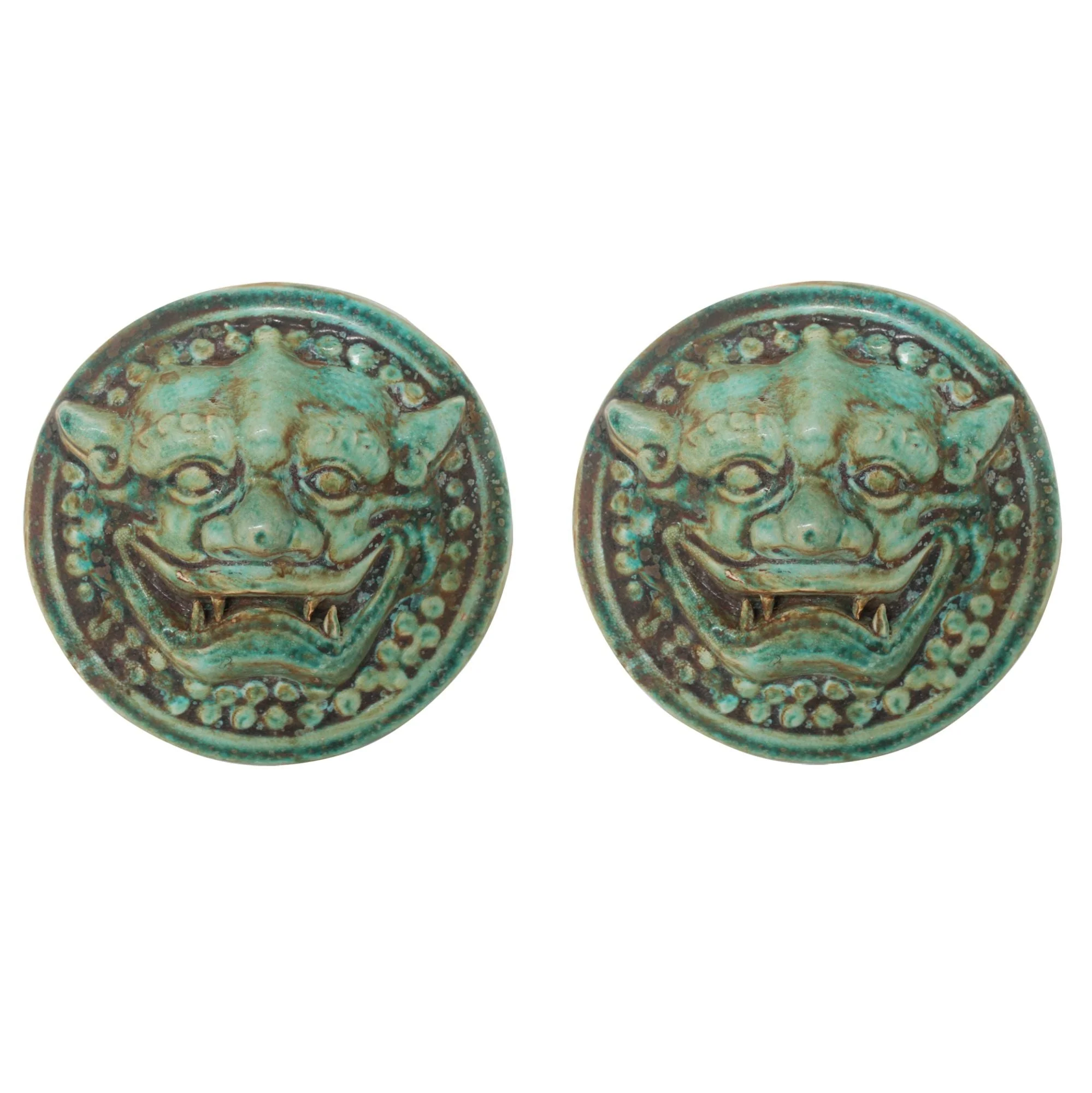 Legend of Asia Pair of Speckled Green Lion Head Wall Sculptures