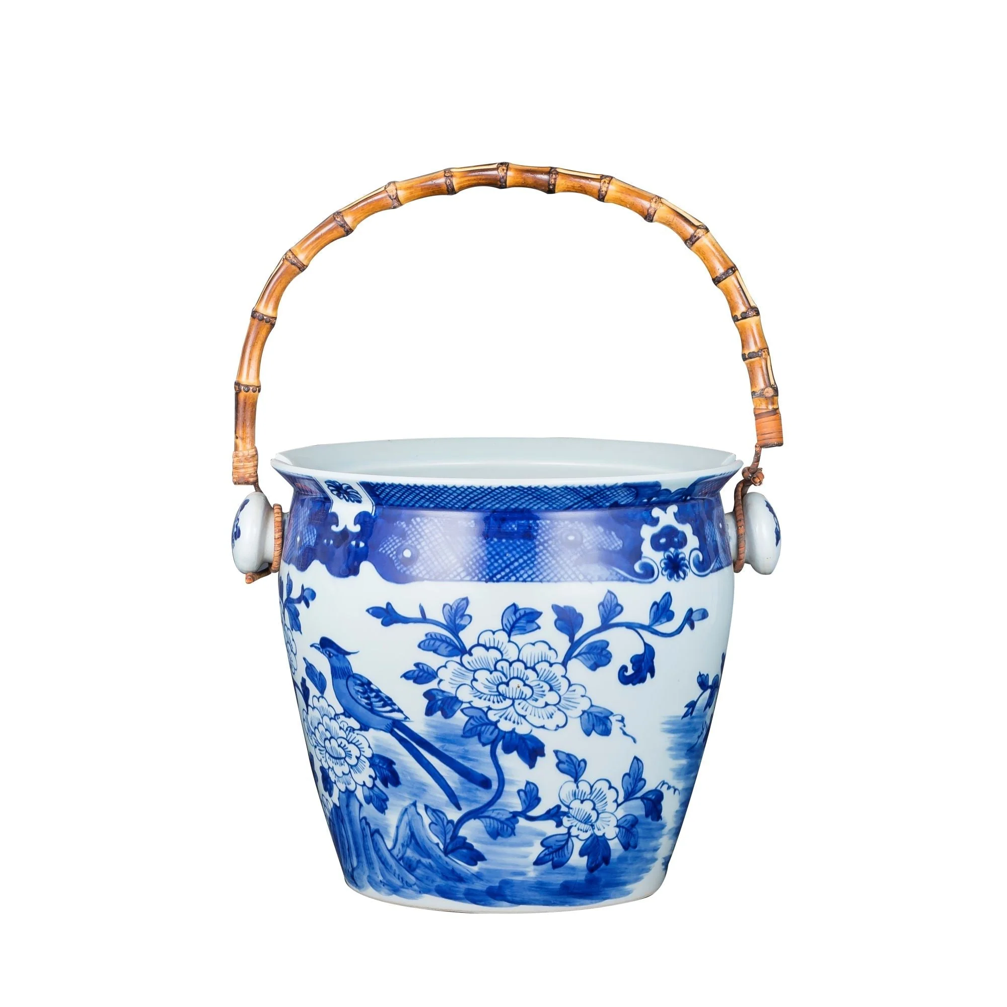 Legend of Asia Porcelain Bird Floral Wine Bucket With Bamboo Handle