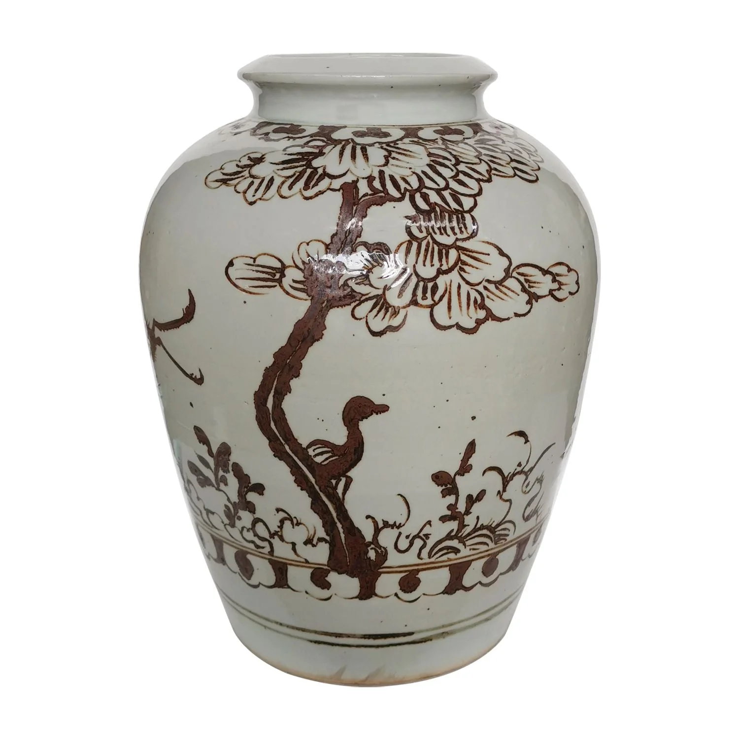 Legend of Asia Rusty Brown Jar With Bird Under Tree -