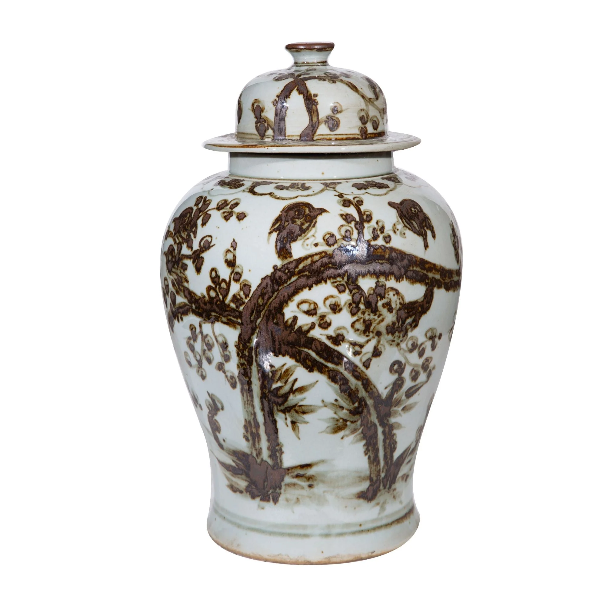 Legend of Asia Rusty Brown Porcelain Temple Jar Magpie on Plum Motif Small