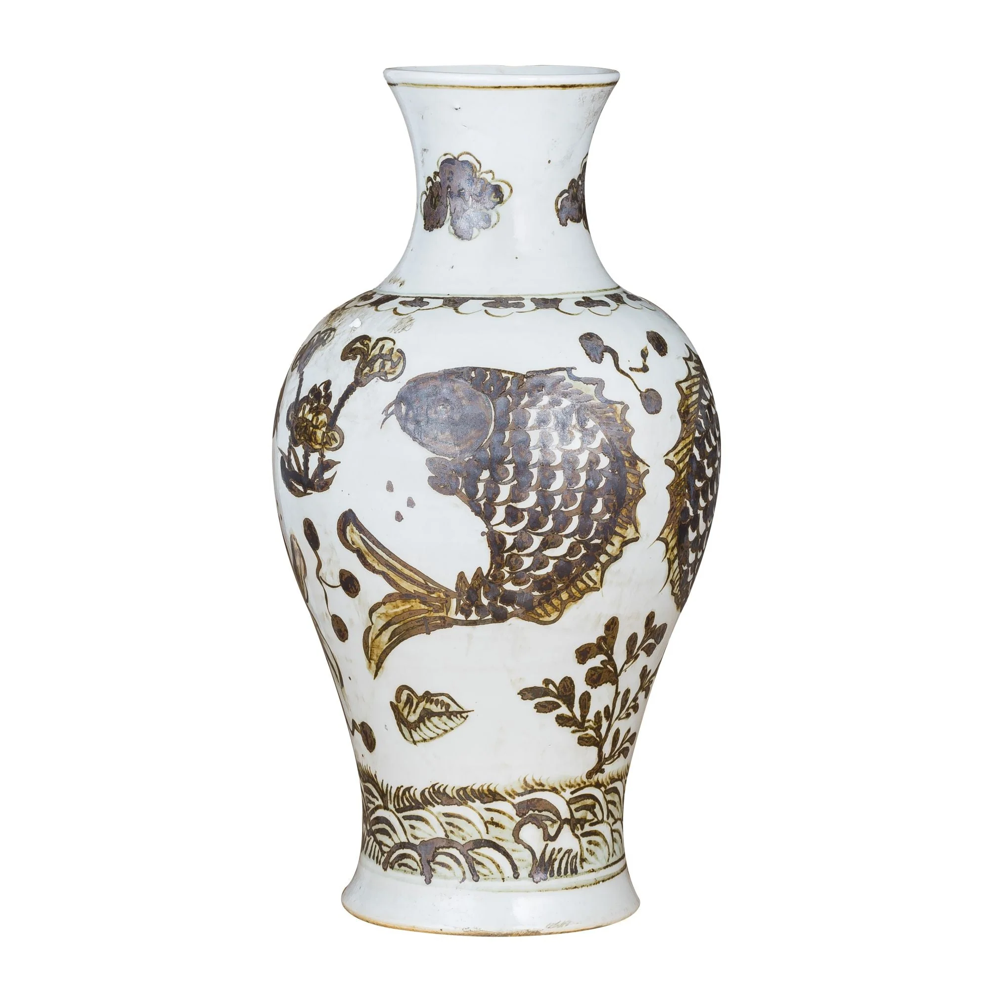 Legend of Asia Rusty Brown Vase Fish Lotus Motif