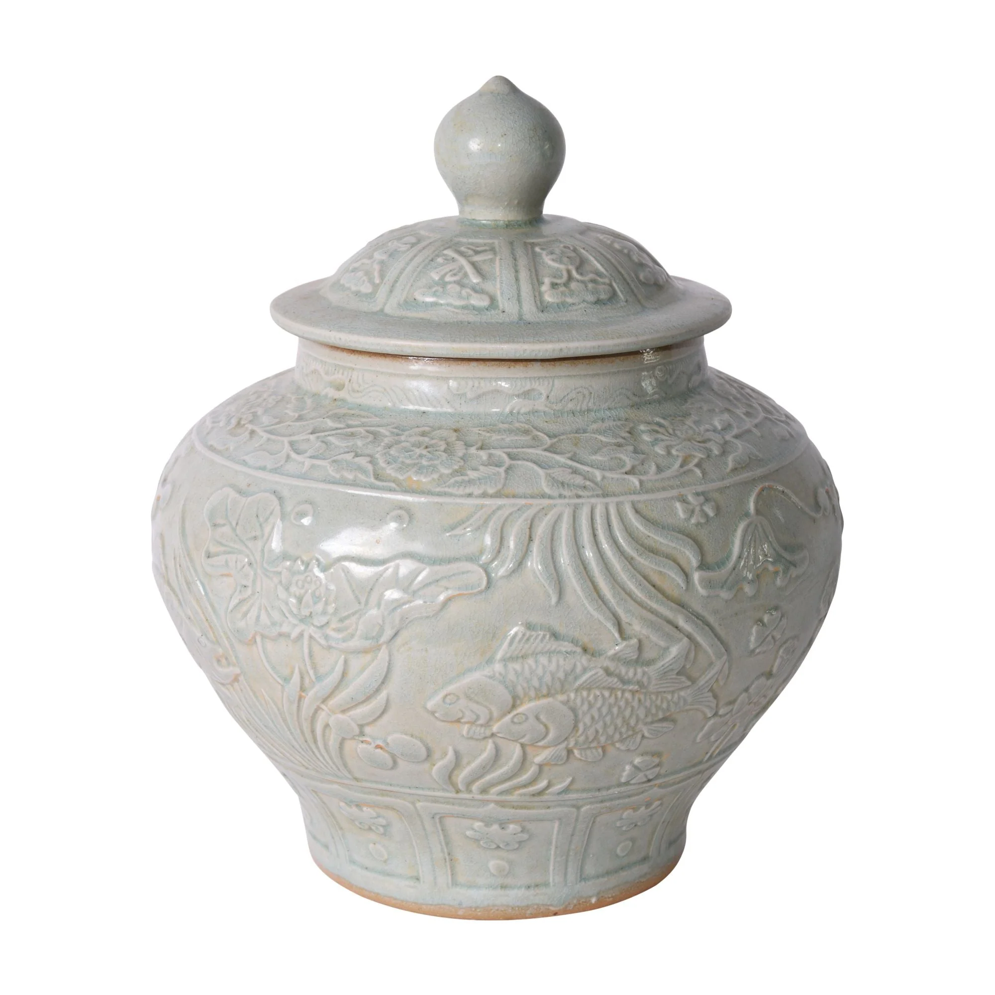 Legend of Asia Sage Green Embossed Fish Porcelain Ginger Jar
