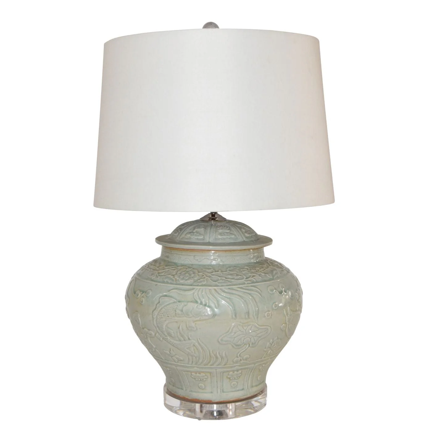 Legend of Asia Sage Green Embossed Fish Porcelain Ginger Jar Lamp