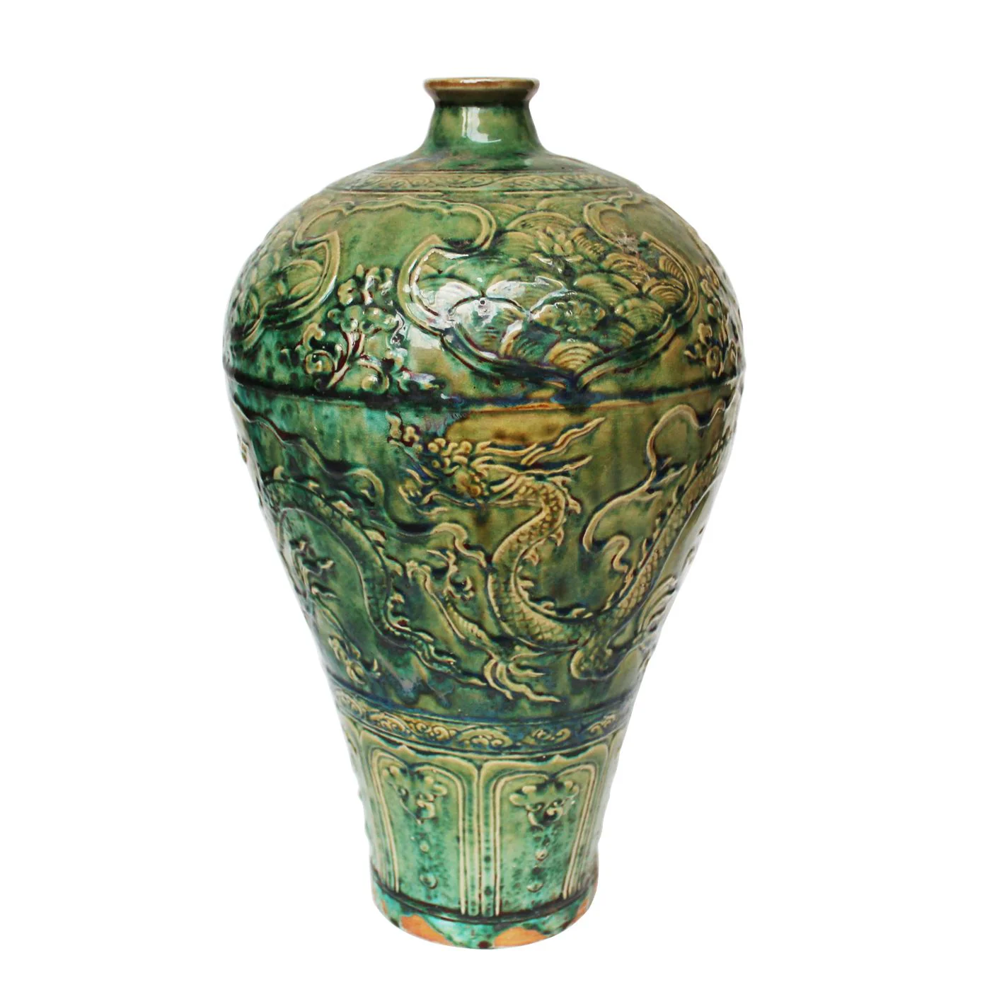Legend of Asia Speckled Green Carved Dragon Plum Vase