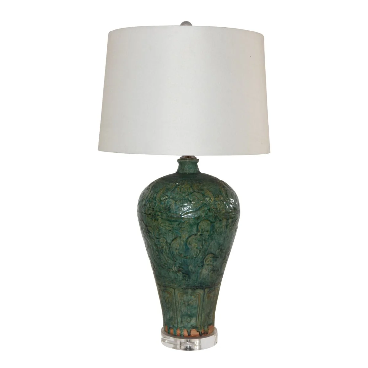 Legend of Asia Speckled Green Carved Dragon Plum Vase Lamp