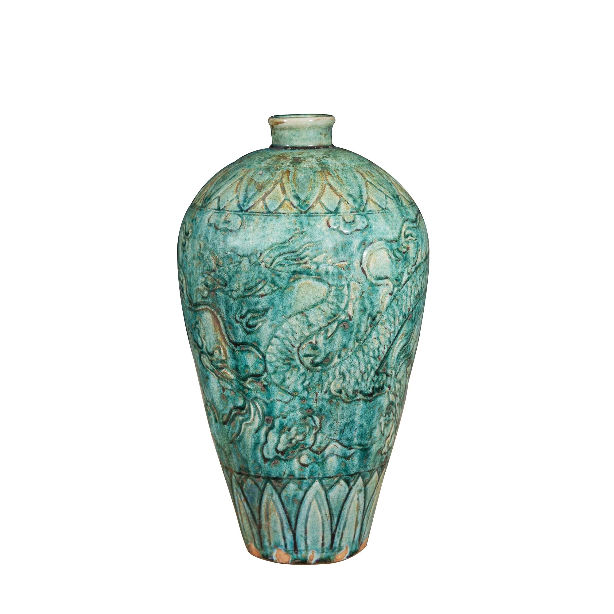 Legend of Asia Speckled Green Carved Dragon Plum Vase Small