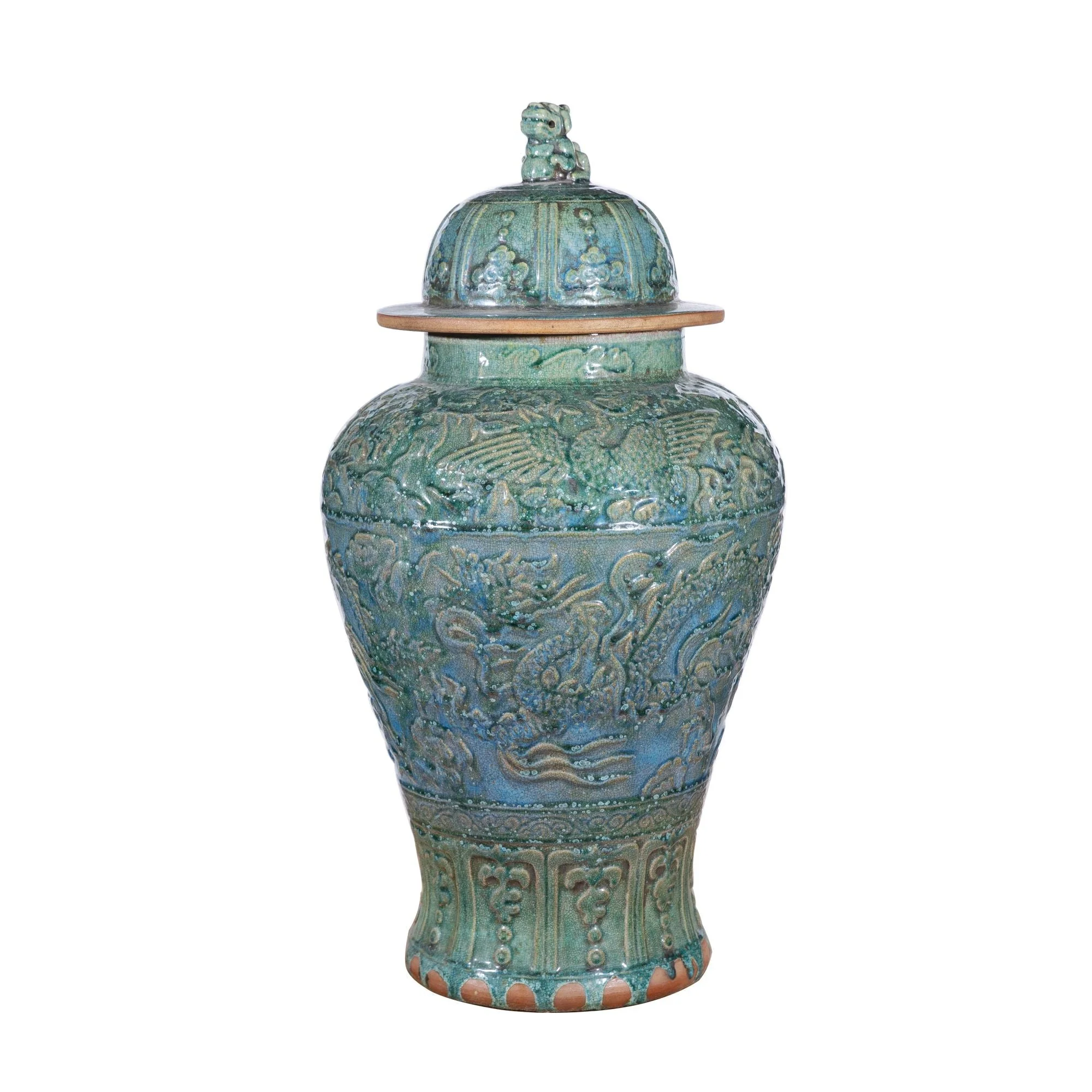Legend of Asia Speckled Green Carving Dragon Temple Jar