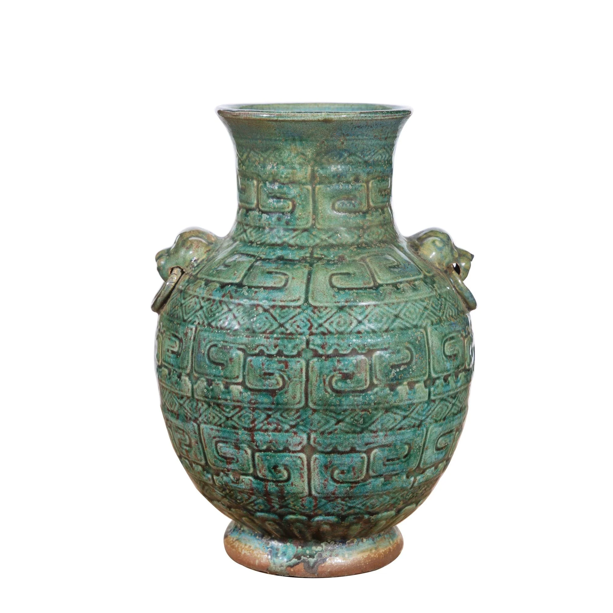 Legend of Asia Speckled Green Greek Key Carving Vase