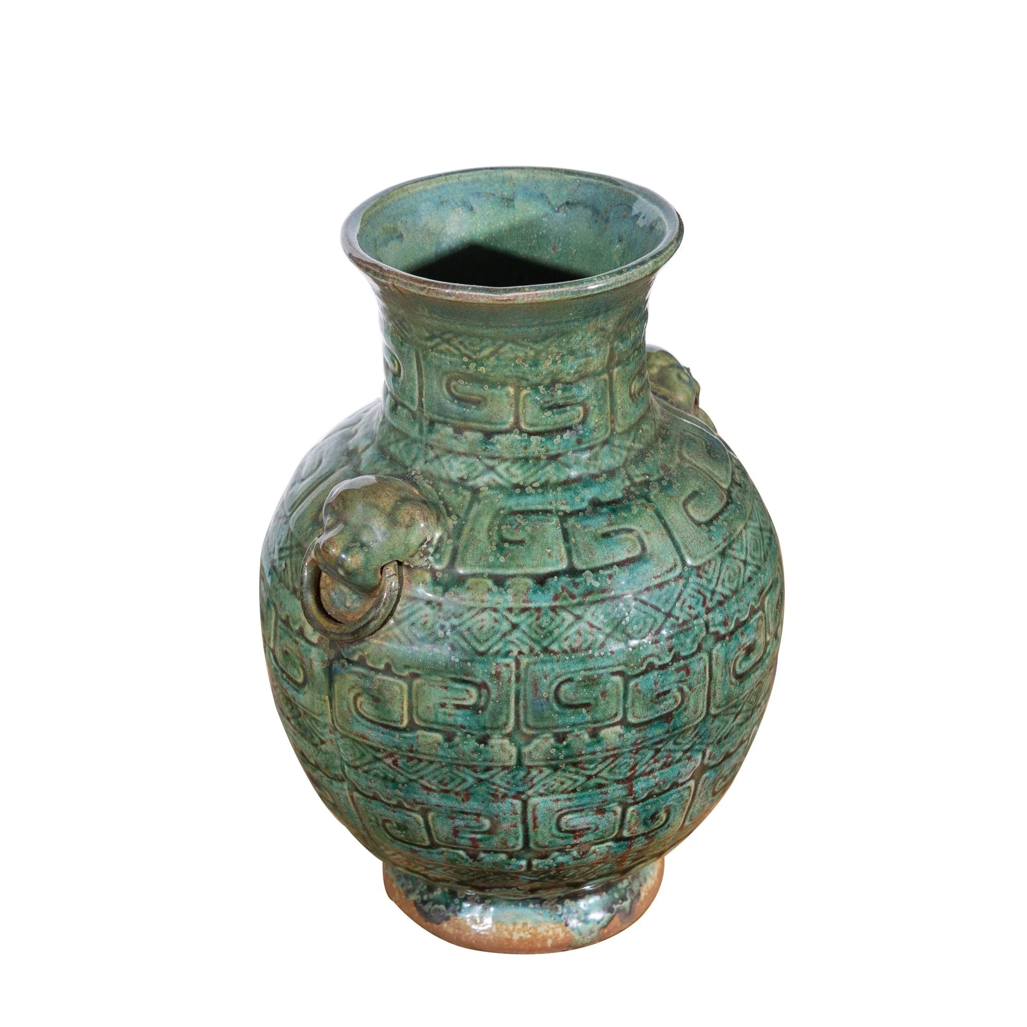 Legend of Asia Speckled Green Greek Key Carving Vase - Image 2