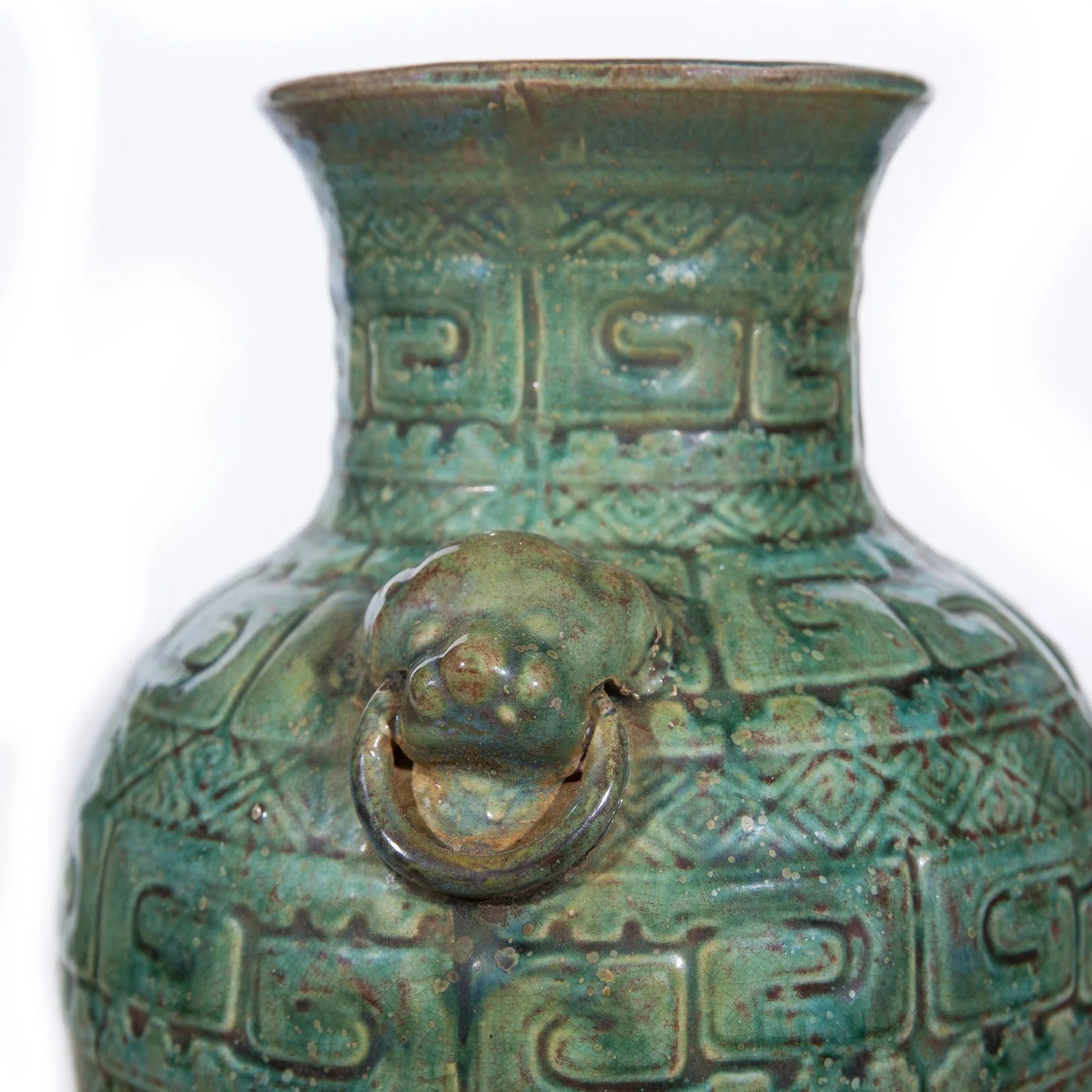 Legend of Asia Speckled Green Greek Key Carving Vase - Image 3