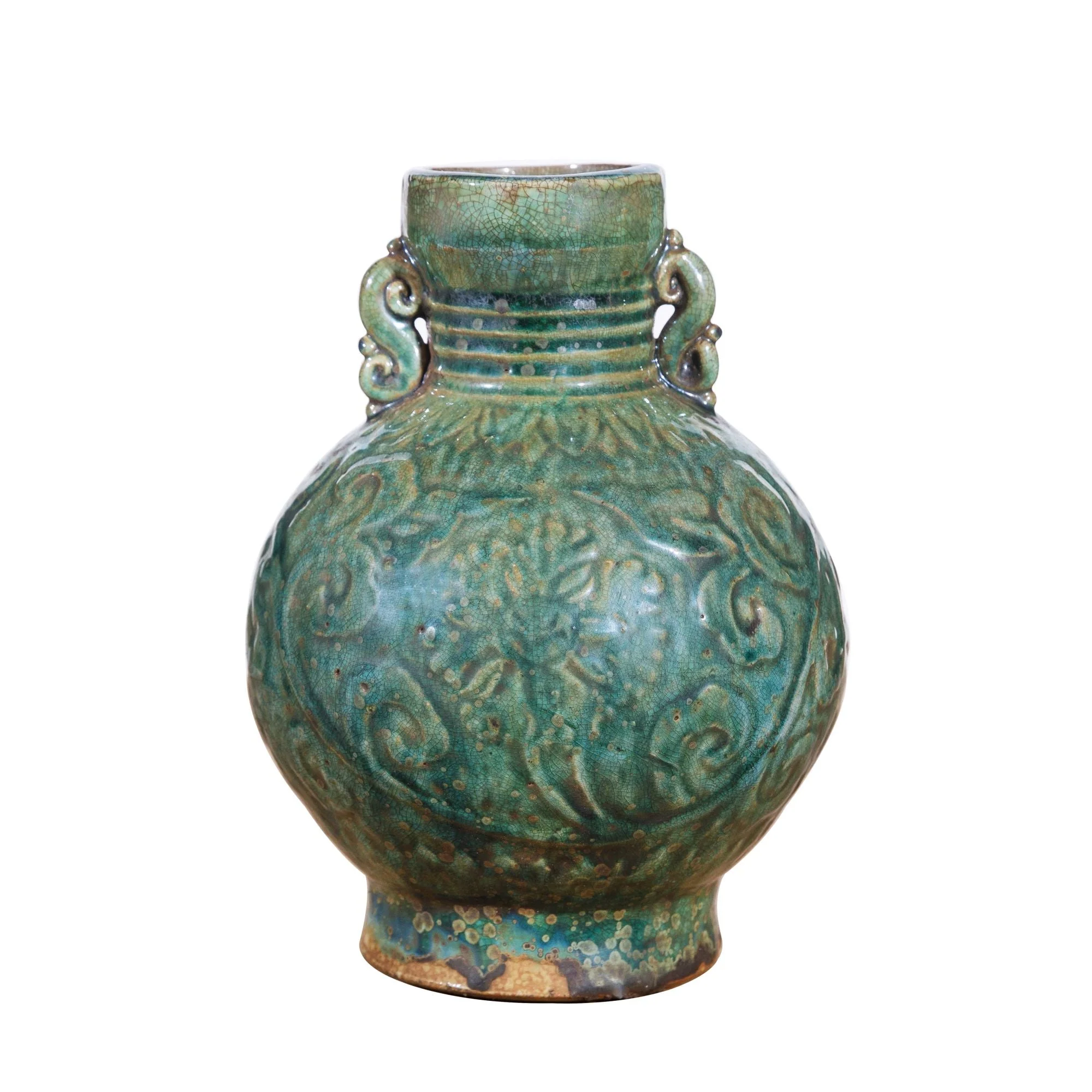 Legend of Asia Speckled Green Peony Carving Vase