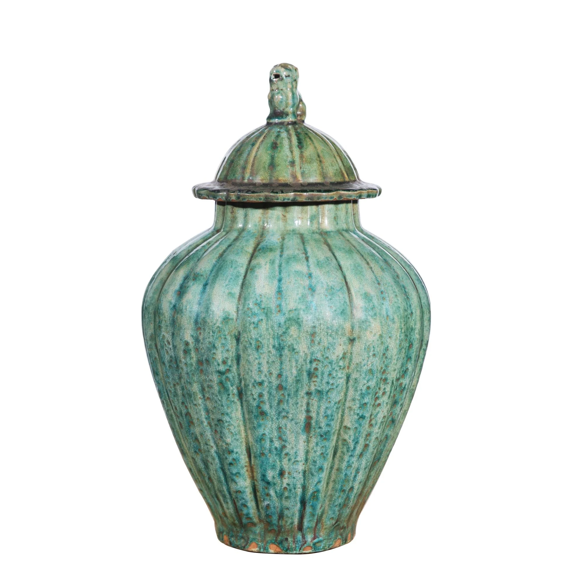 Legend of Asia Speckled Green Ribbed Lion Lid Jar