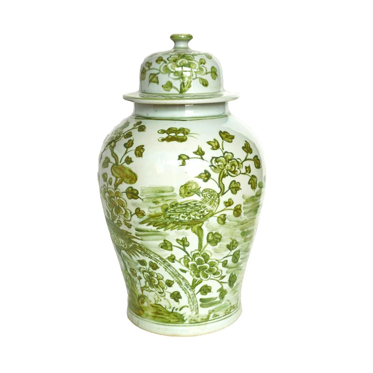 Legend of Asia Spring Green Flower Bird Porcelain Temple Jar