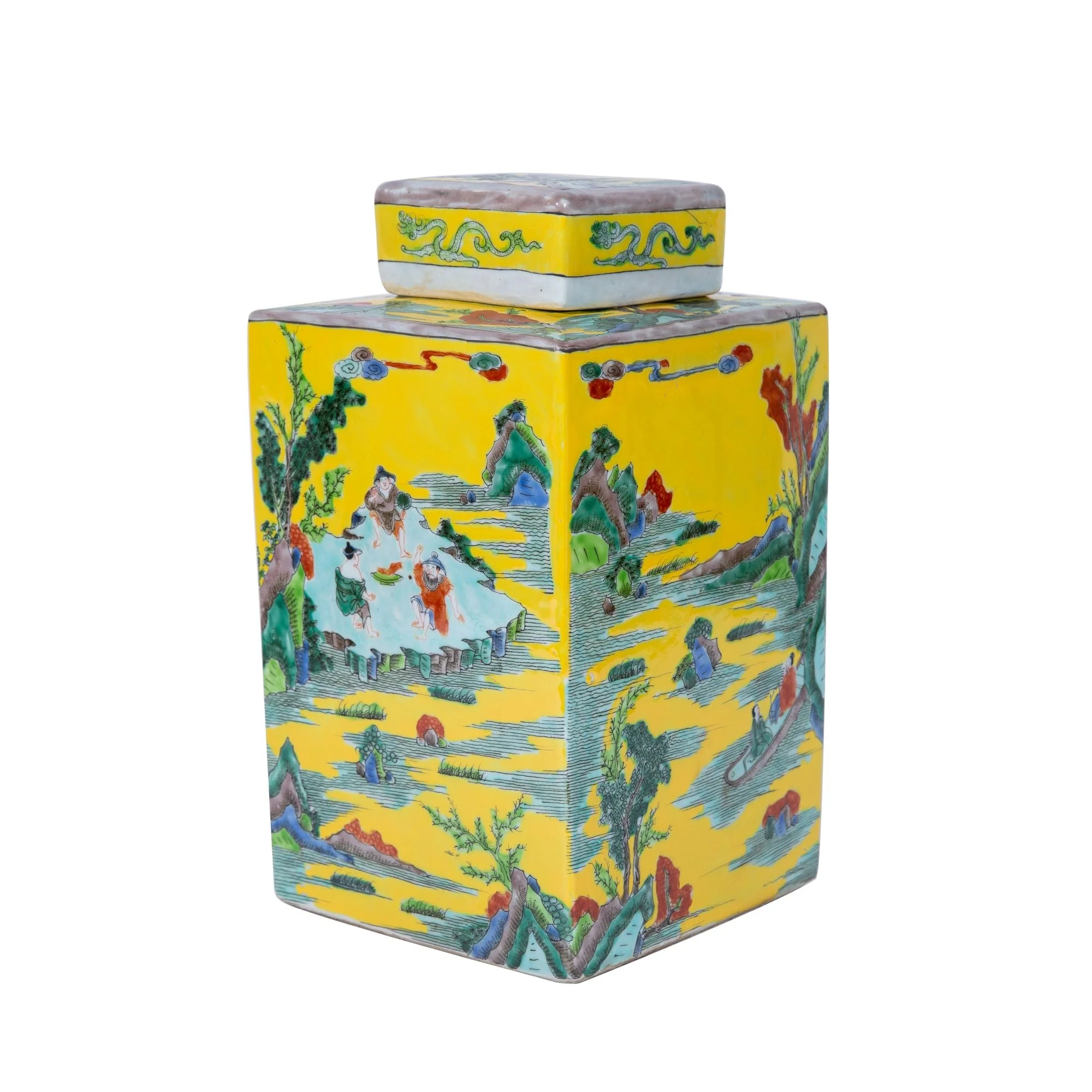 Legend of Asia Yellow Square Tea Jar Landscape Motif