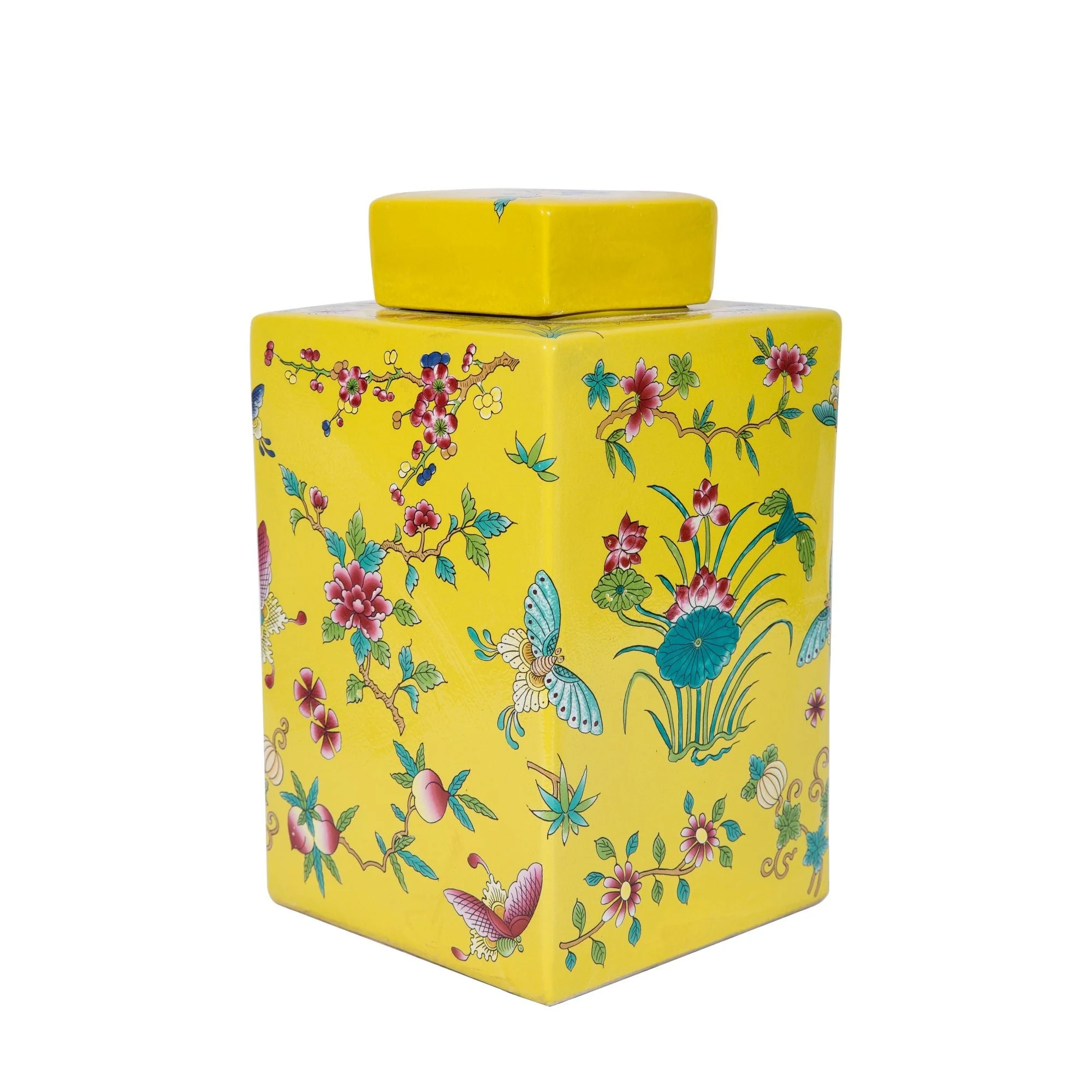 Legend of Asia Yellow Square Tea Jar Lotus Motif