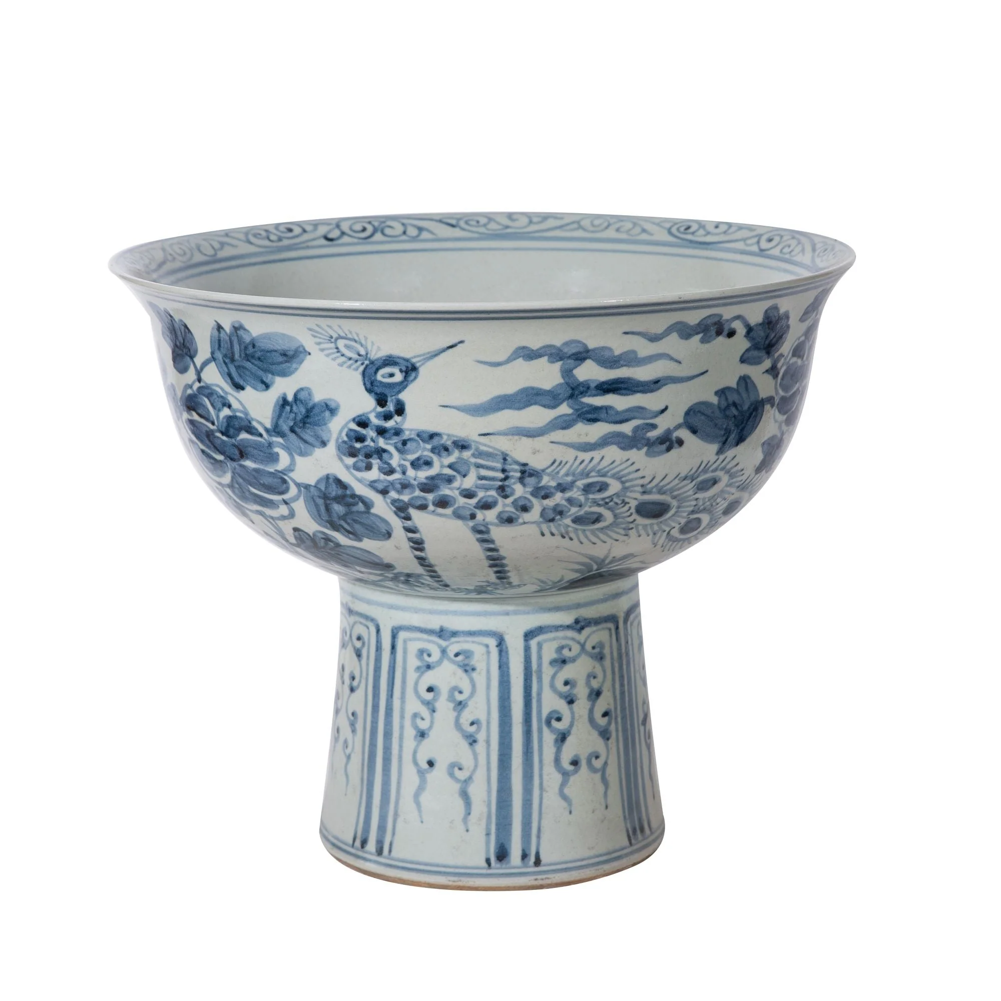 Legend of Asia Yuan Blue And White Crane Mortif Serving Bowl Tall Base