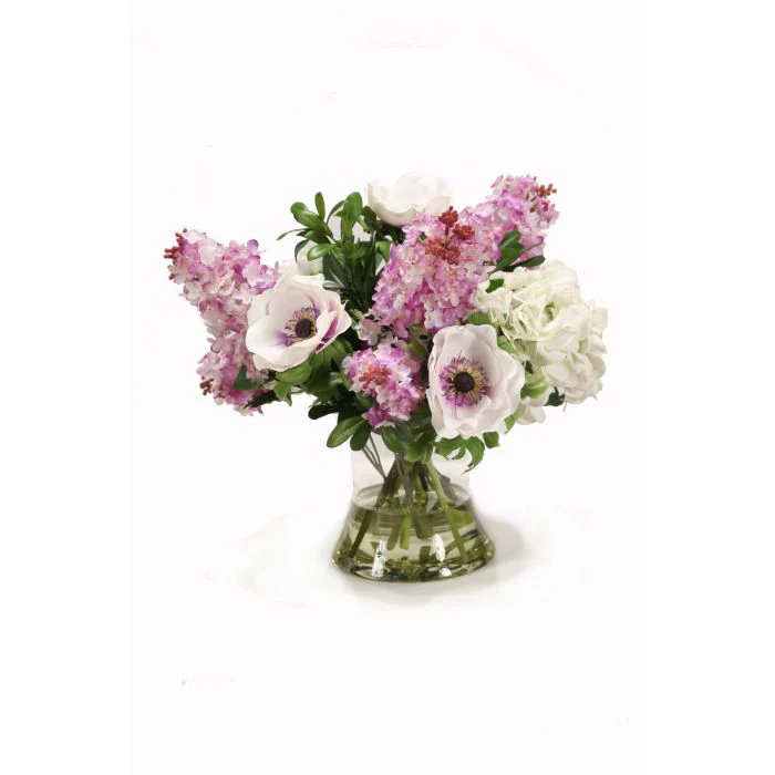 Lilac and White Floral in Glass Vase