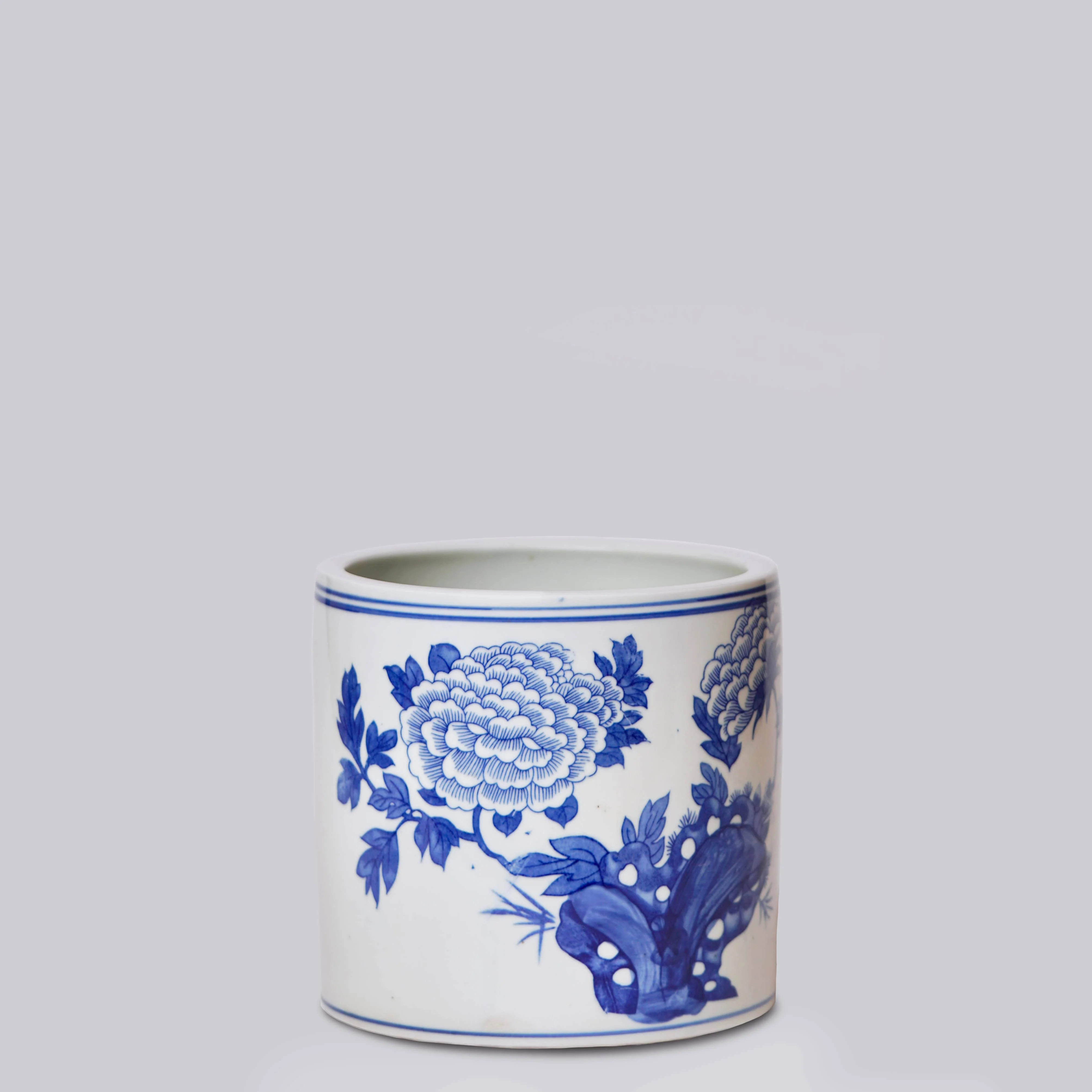 Medium Blue and White Porcelain Peony Cachepot