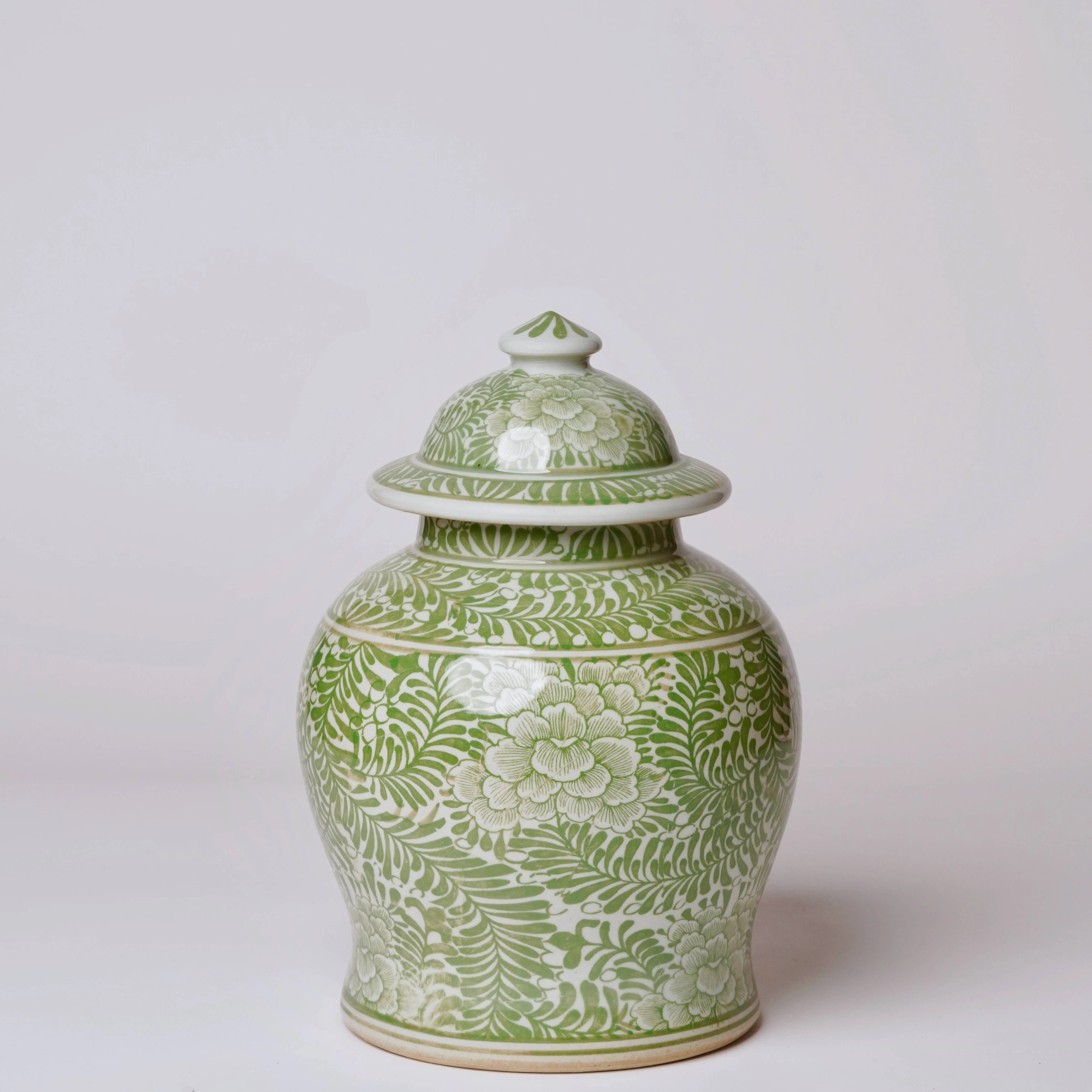 Medium Green and White Porcelain Country Peony Temple Jar