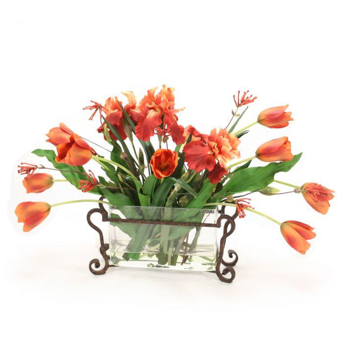 Orange Tulips with Iris in Rectangle Glass with Metal Holder