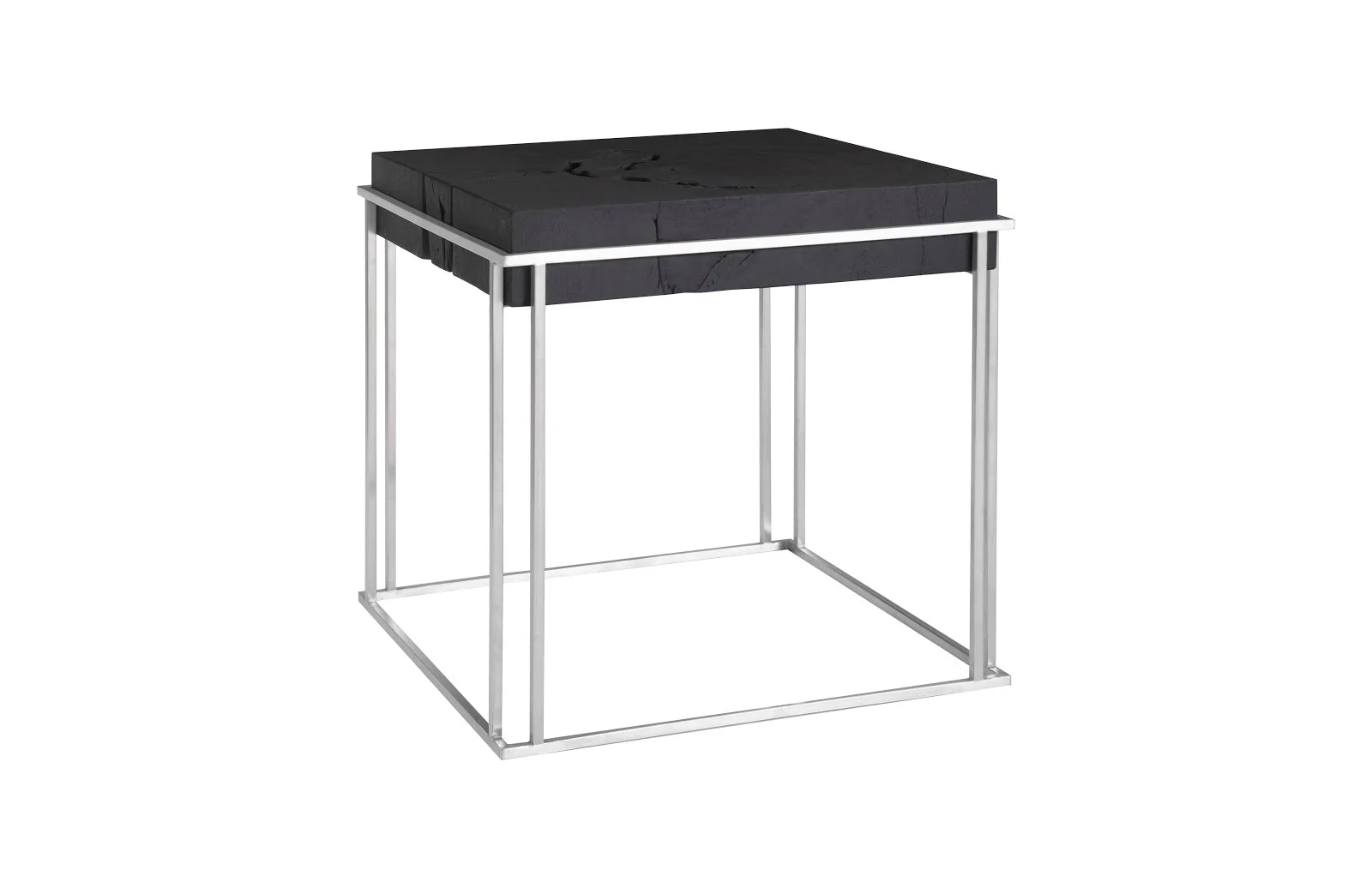 Phillips Collection Burnt Cube Side Table, Chamcha Wood, Stainless Steel Base