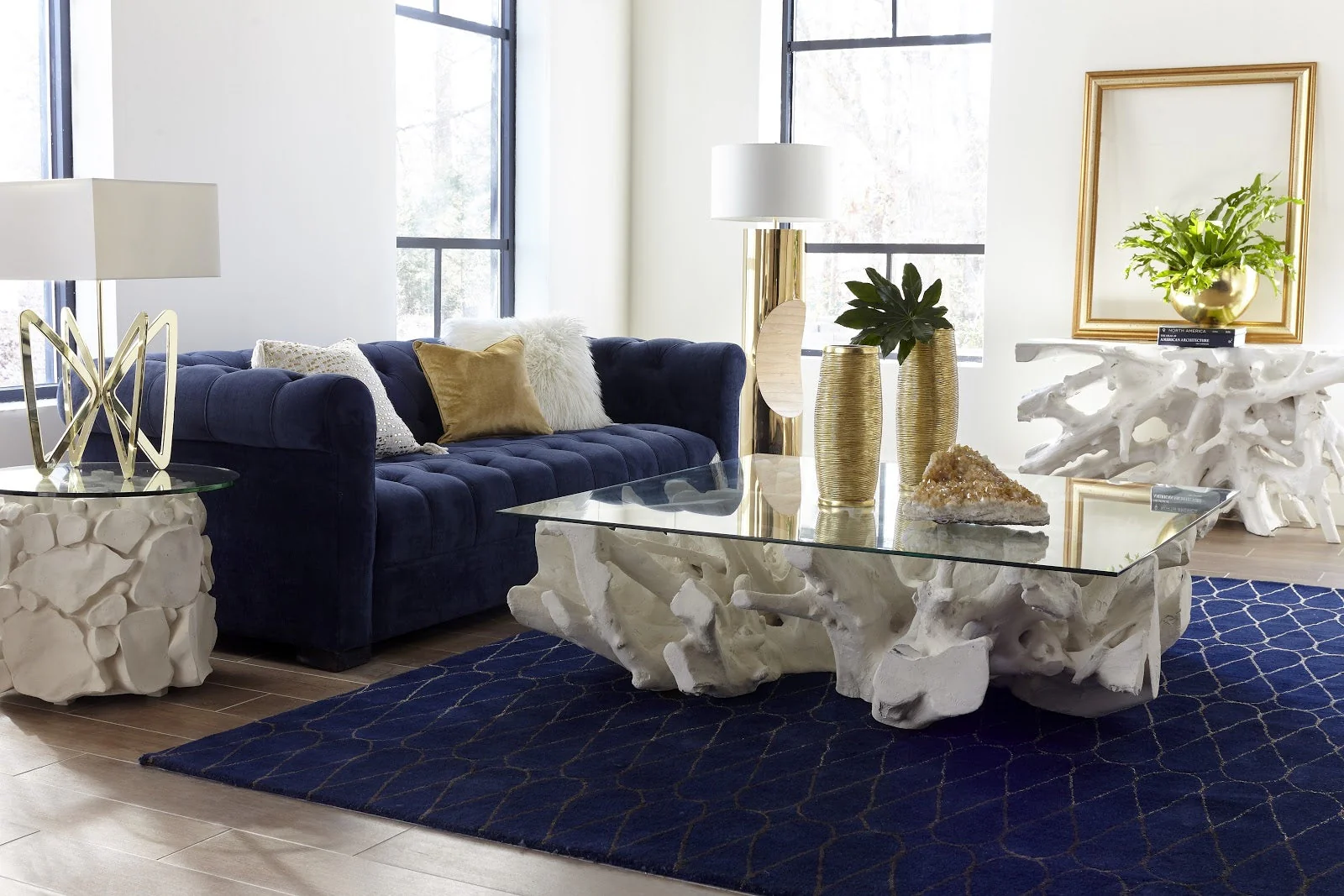 Phillips Collection Cast Root Coffee Table, White Stone, With Glass - Image 3