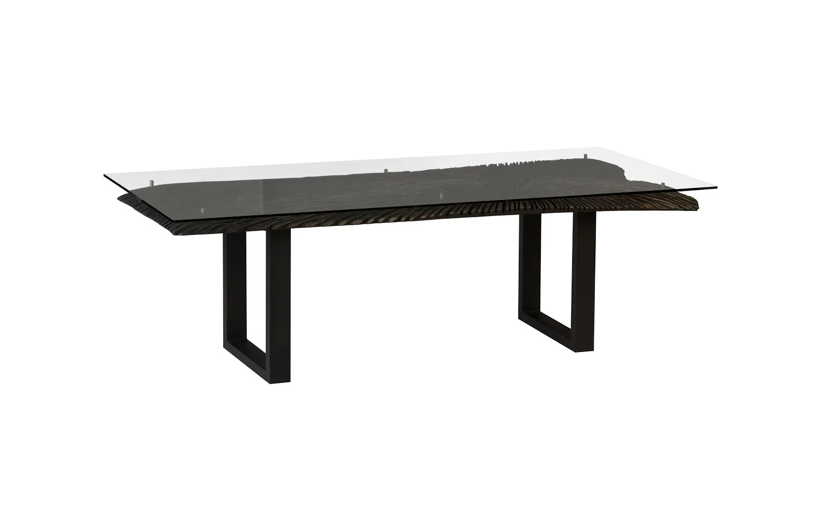 Phillips Collection Chainsaw Dining Table with Glass, Burnt Black, Black Iron U Legs