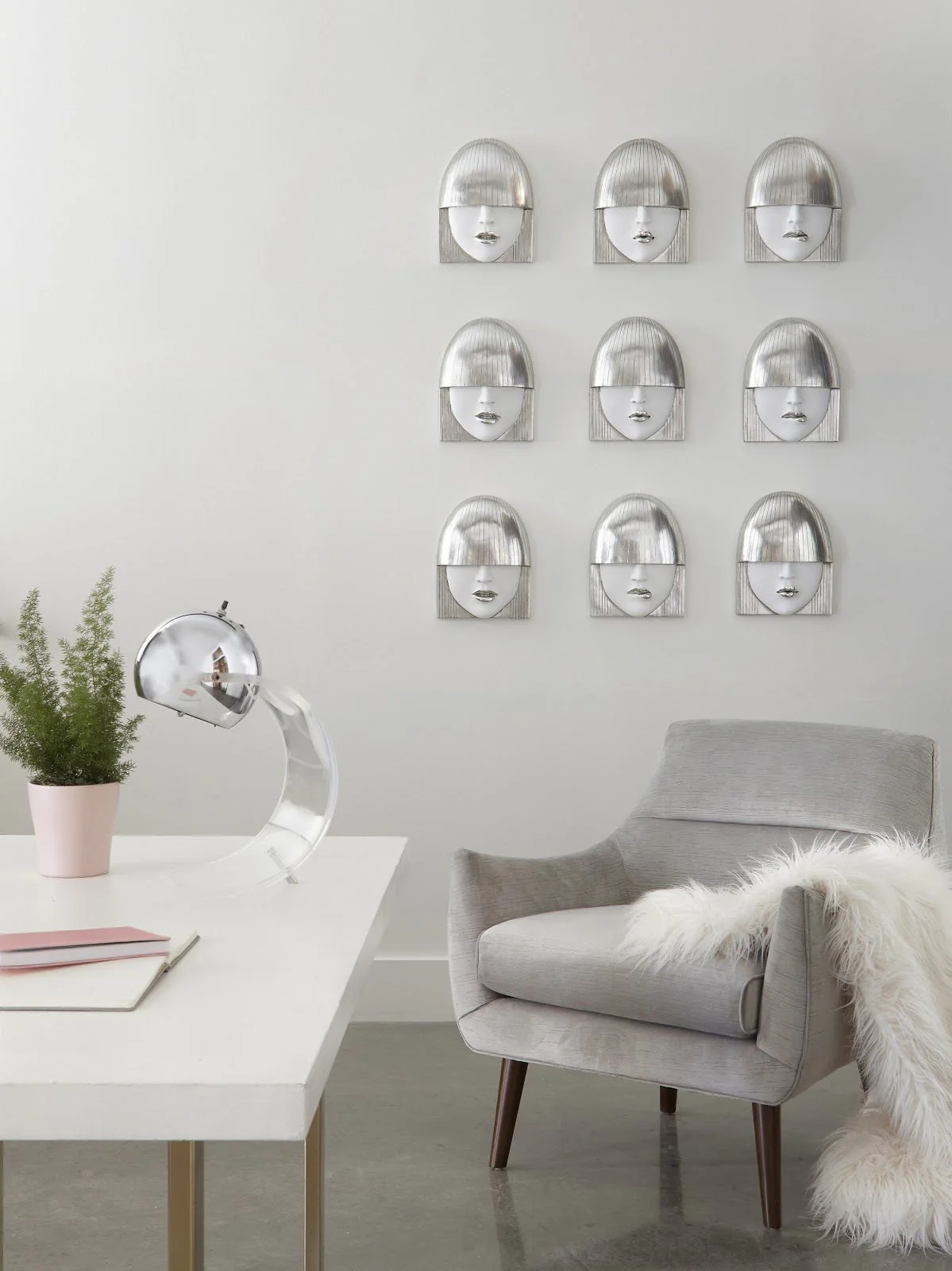 Phillips Collection Fashion Faces Wall Art, Small, White and Silver Leaf, Set of 3 - Image 2