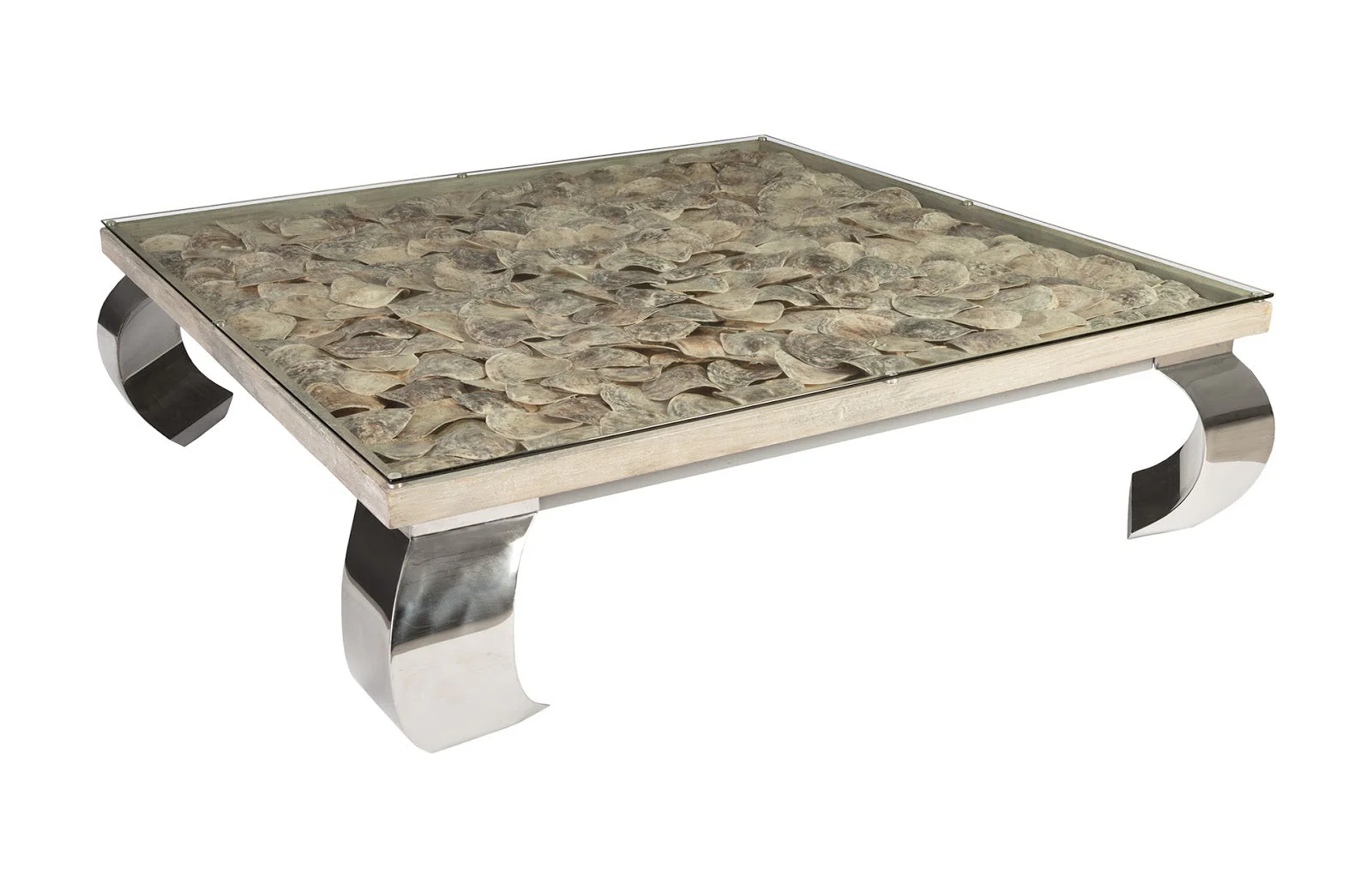 Phillips Collection Shell Coffee Table, Glass Top, Ming Stainless Steel Legs
