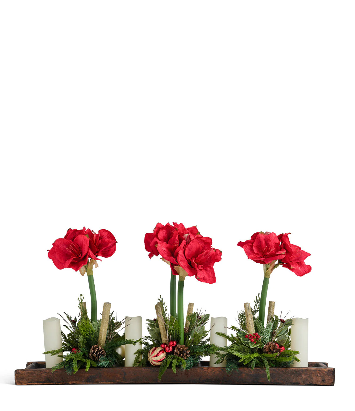 Red Amaryllis in Wood Tray with Candles Red