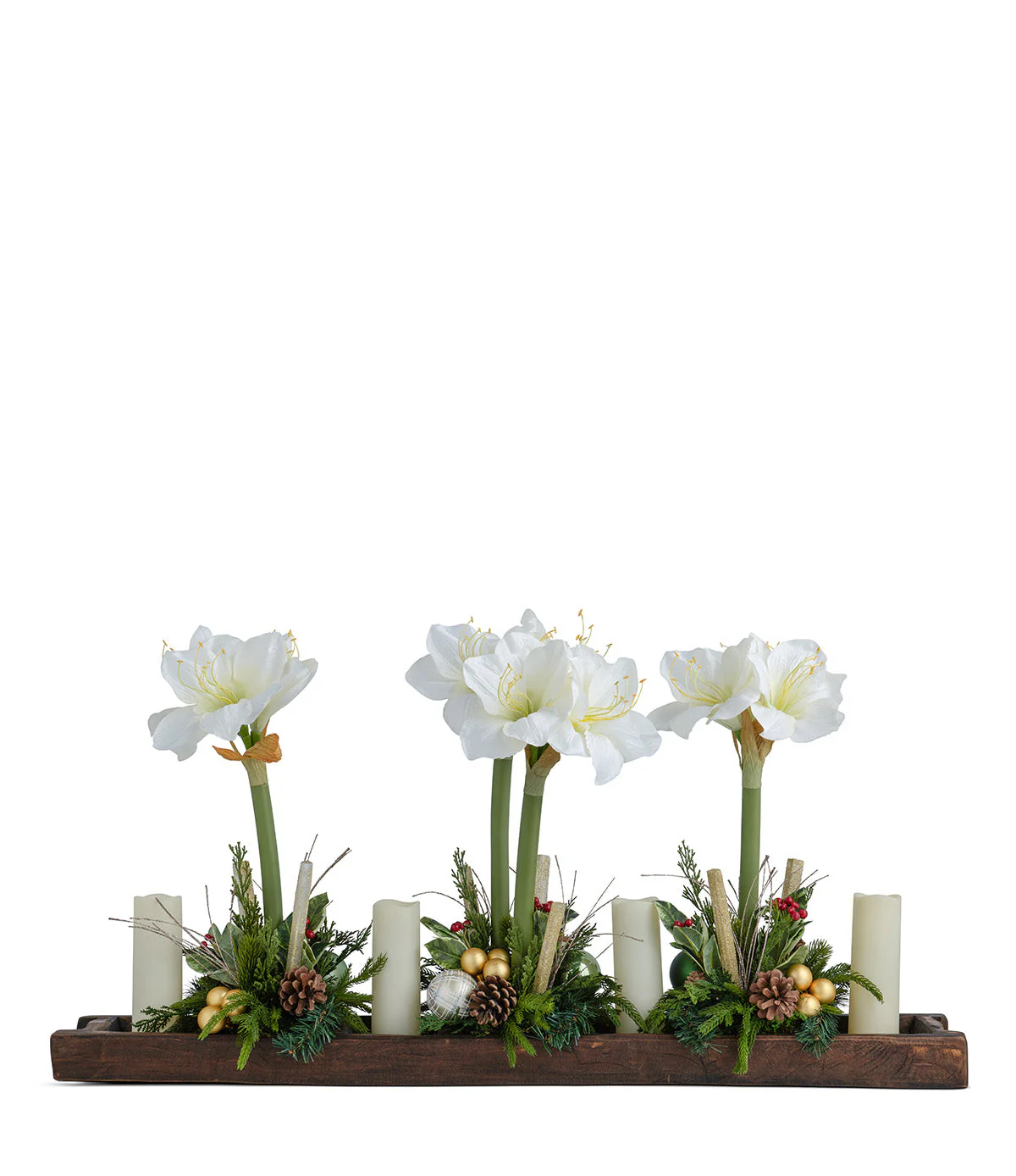 Red Amaryllis in Wood Tray with Candles White - Image 2