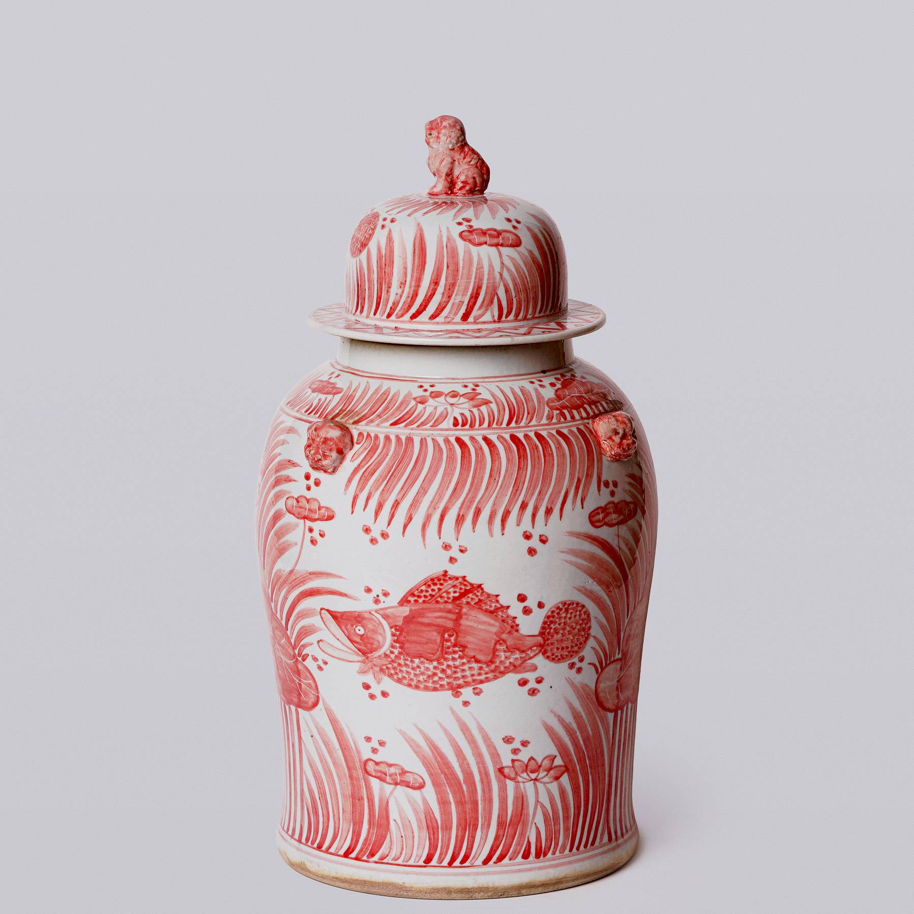Red and White Fish and Lotus Porcelain Temple Jar
