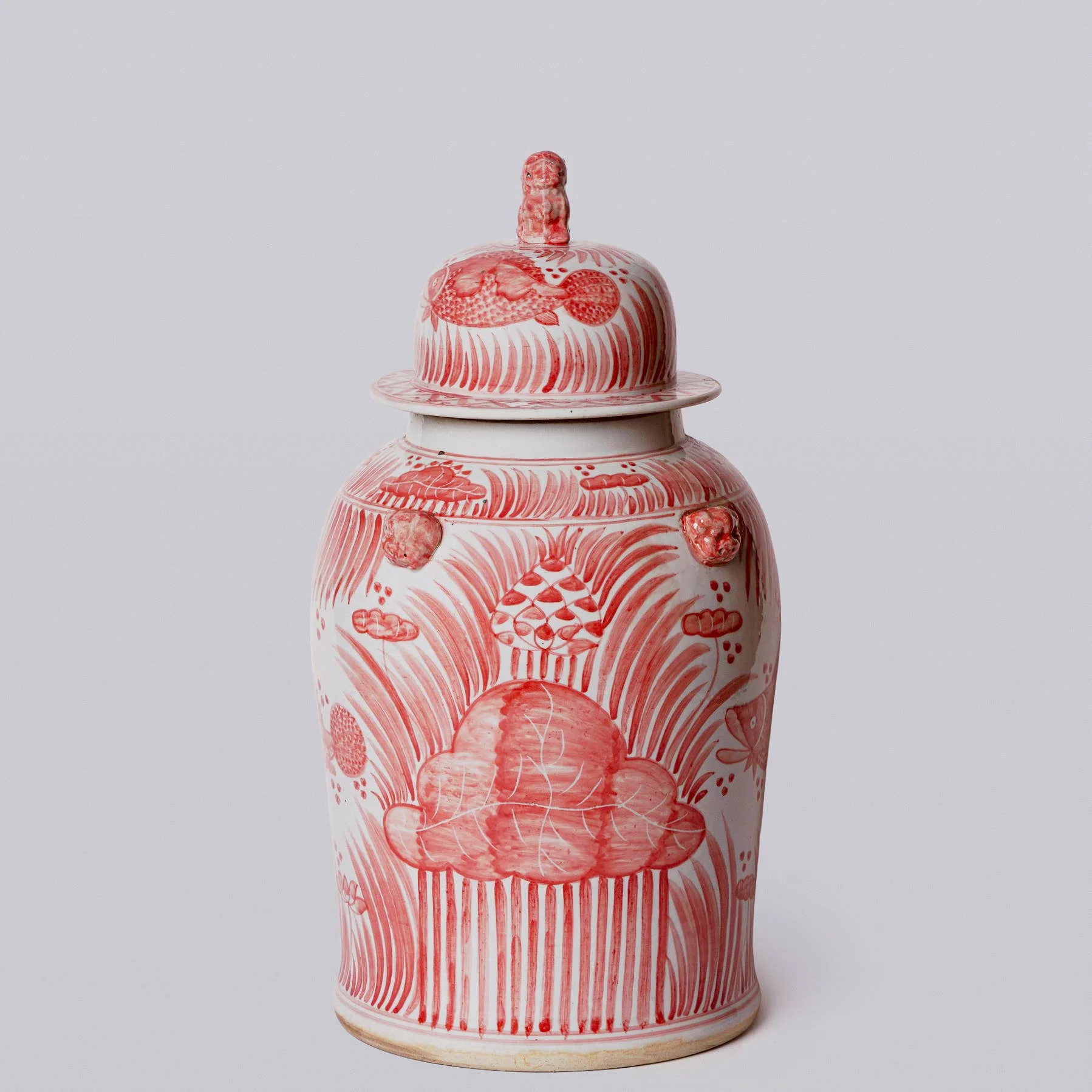 Red and White Fish and Lotus Porcelain Temple Jar - Image 3