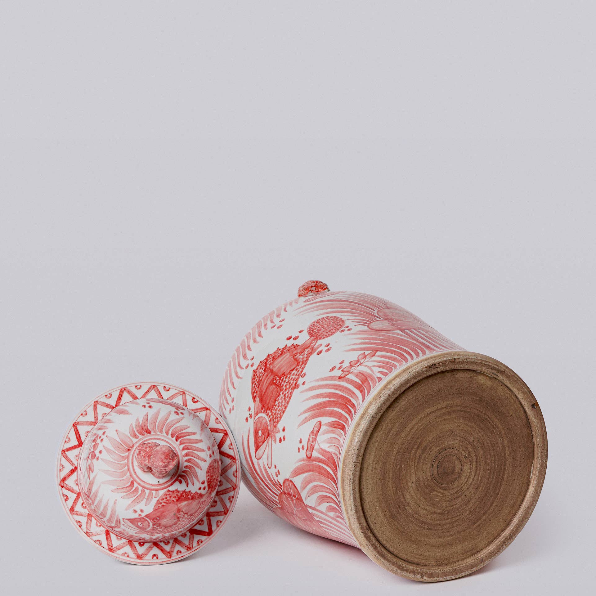 Red and White Fish and Lotus Porcelain Temple Jar - Image 4