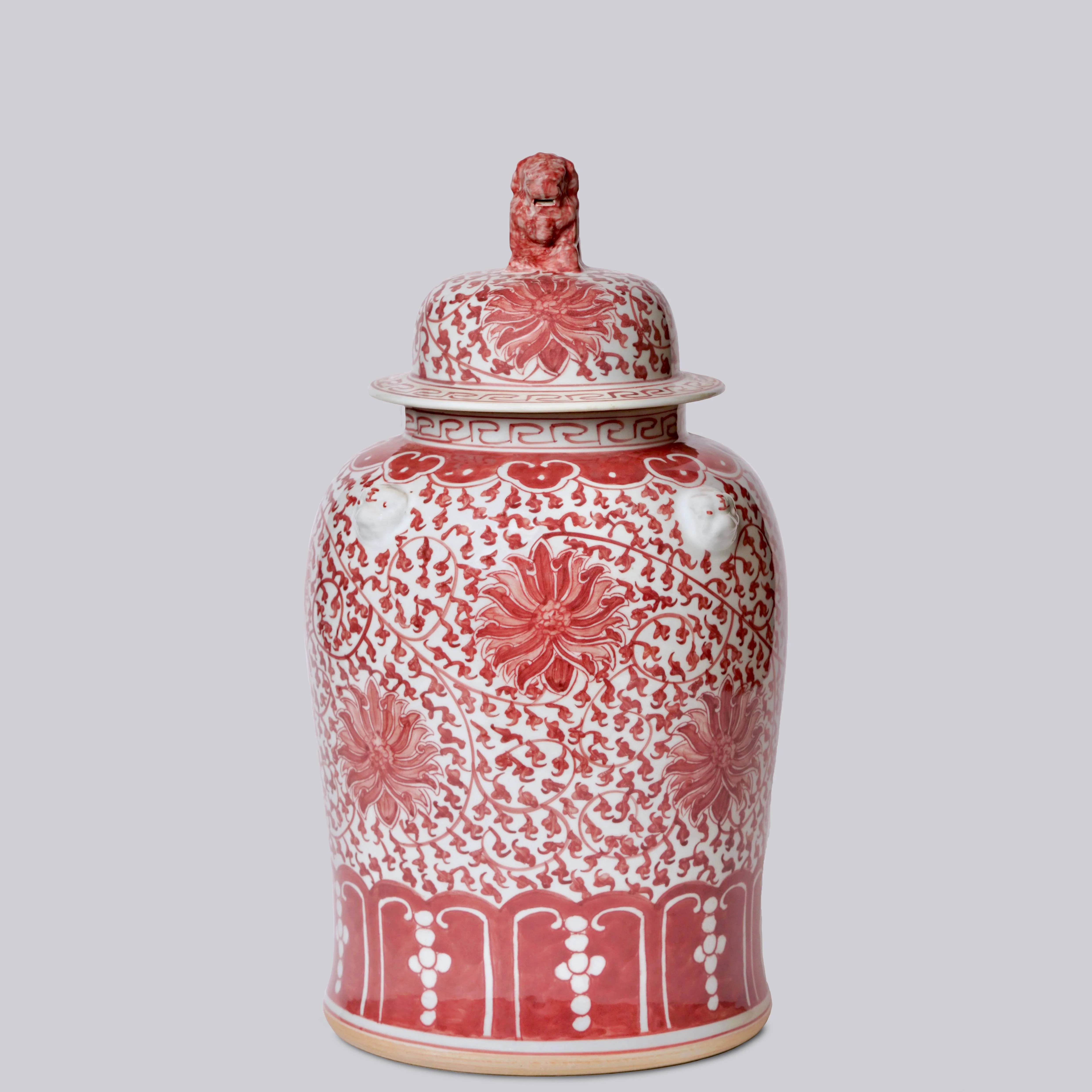 Red and White Porcelain Scrolling Lotus Rondelle Temple Jar - Image 3
